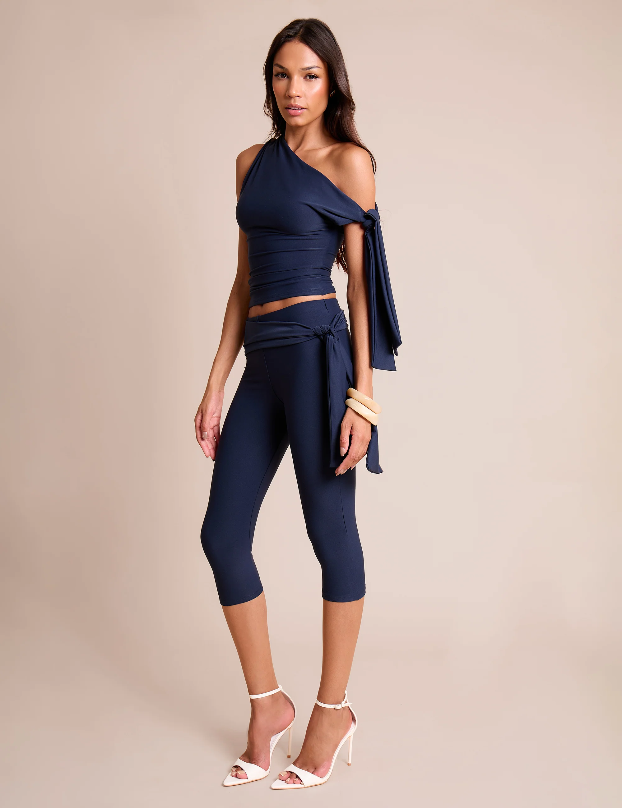 Knot Detail Asymmetric One Shoulder Luxe Slinky Top Navy - Image 2