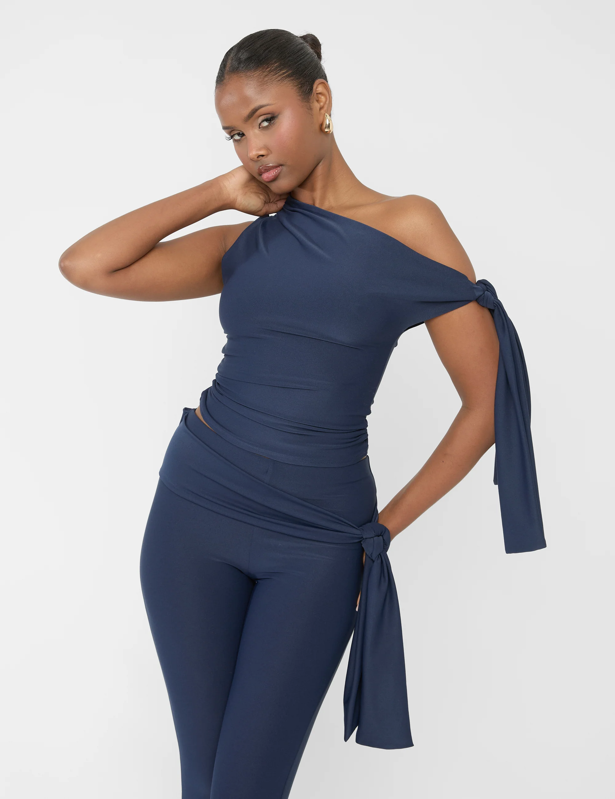 Knot Detail Asymmetric One Shoulder Luxe Slinky Top Navy - Image 5
