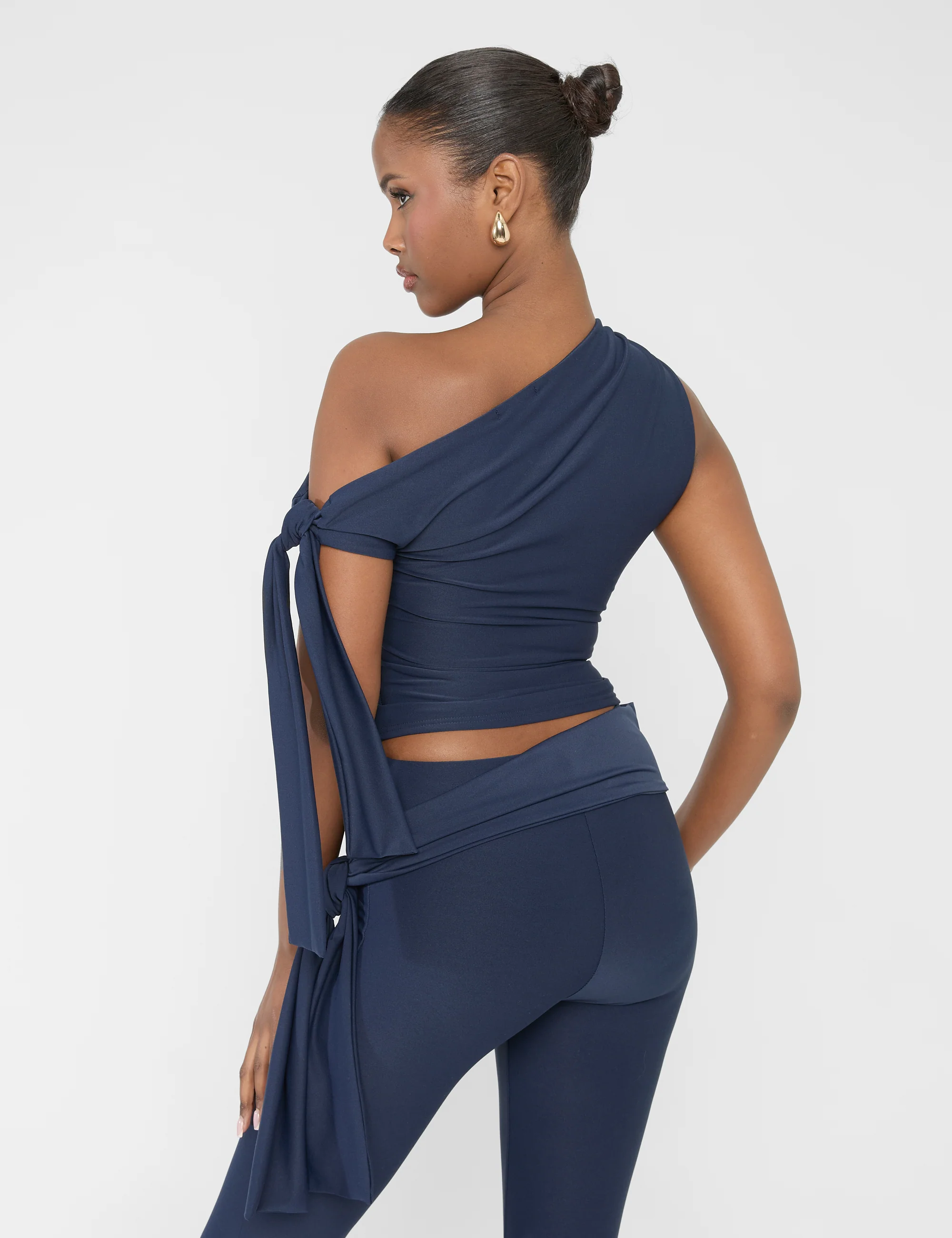 Knot Detail Asymmetric One Shoulder Luxe Slinky Top Navy - Image 6