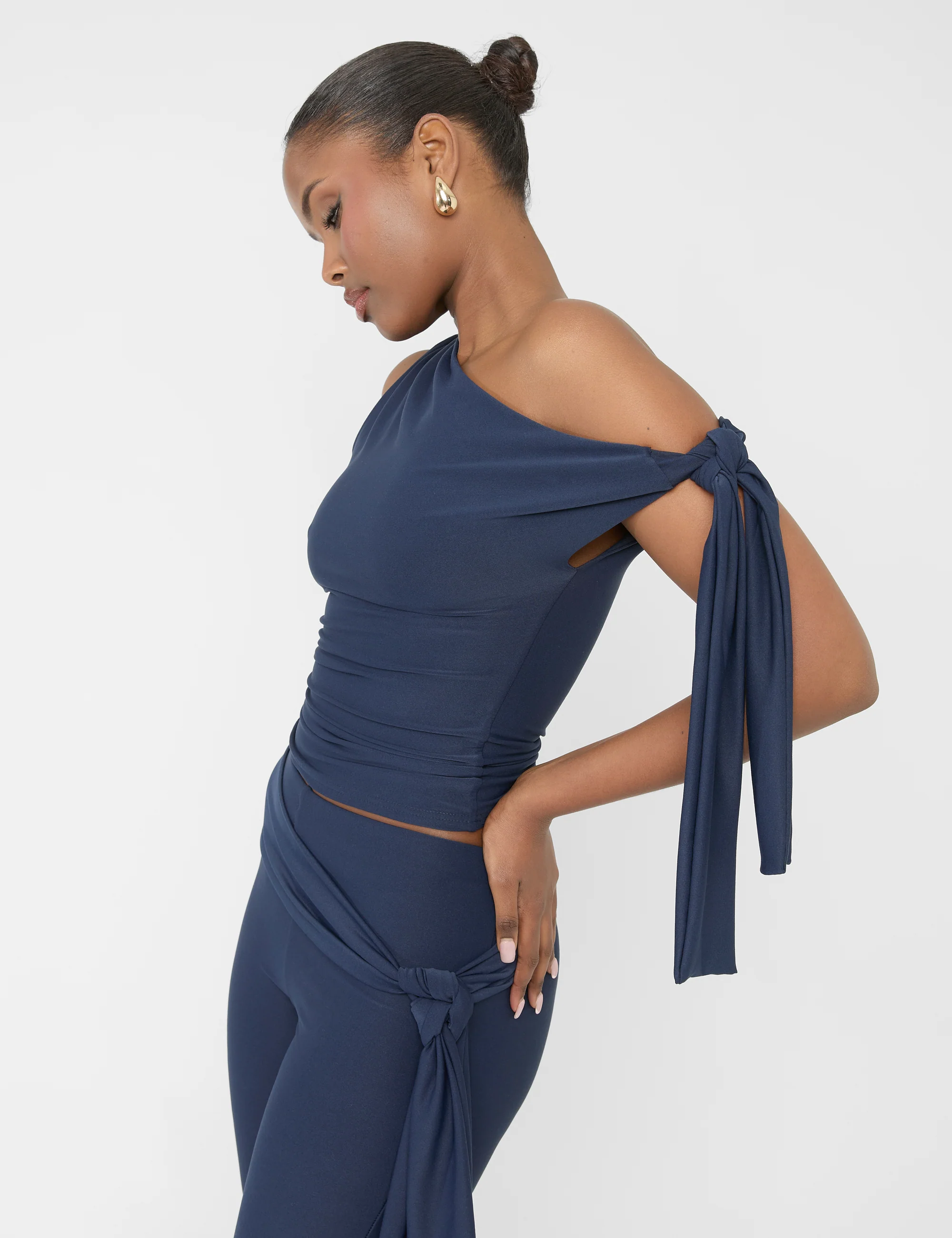 Knot Detail Asymmetric One Shoulder Luxe Slinky Top Navy - Image 7