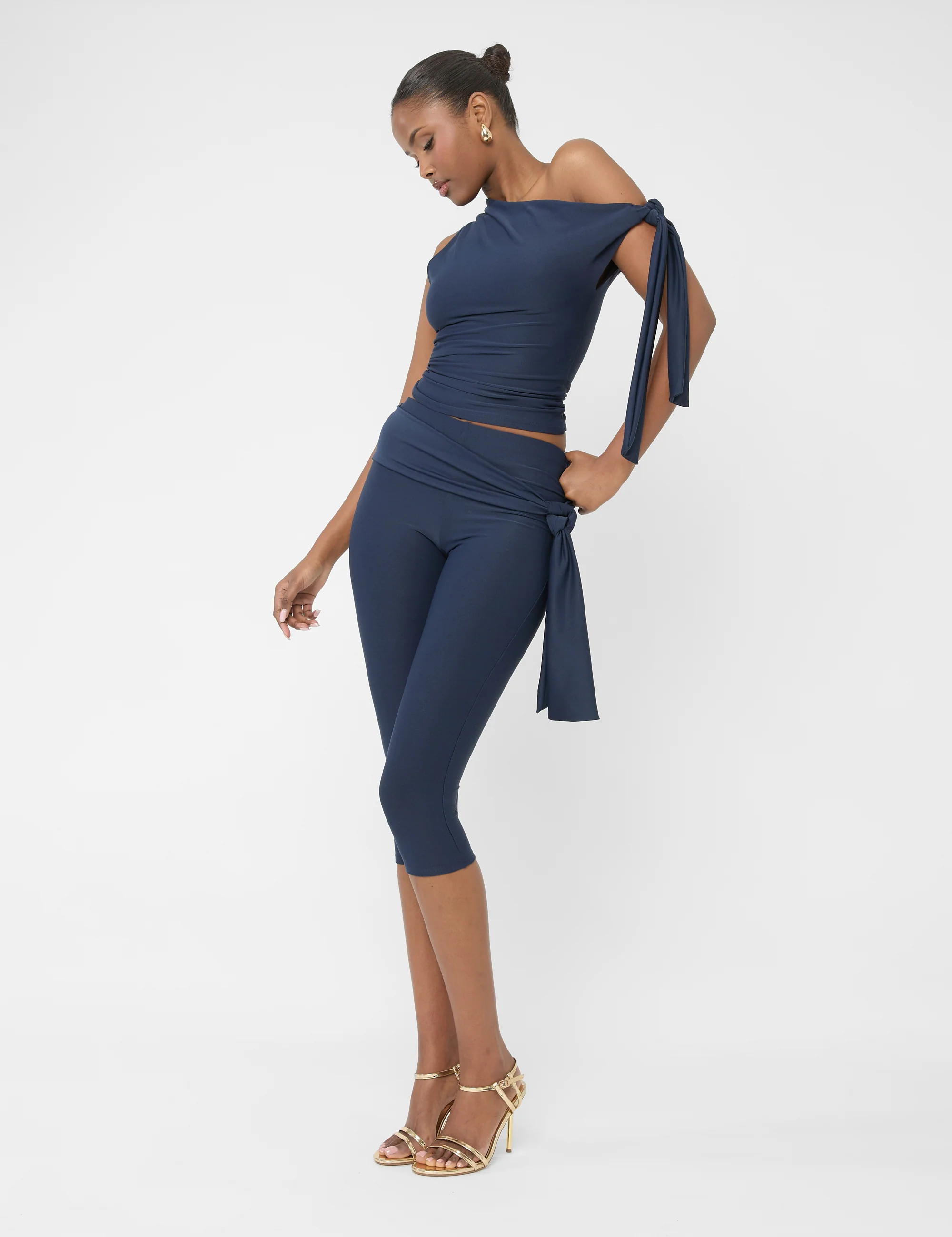 Knot Detail Asymmetric One Shoulder Luxe Slinky Top Navy - Image 8
