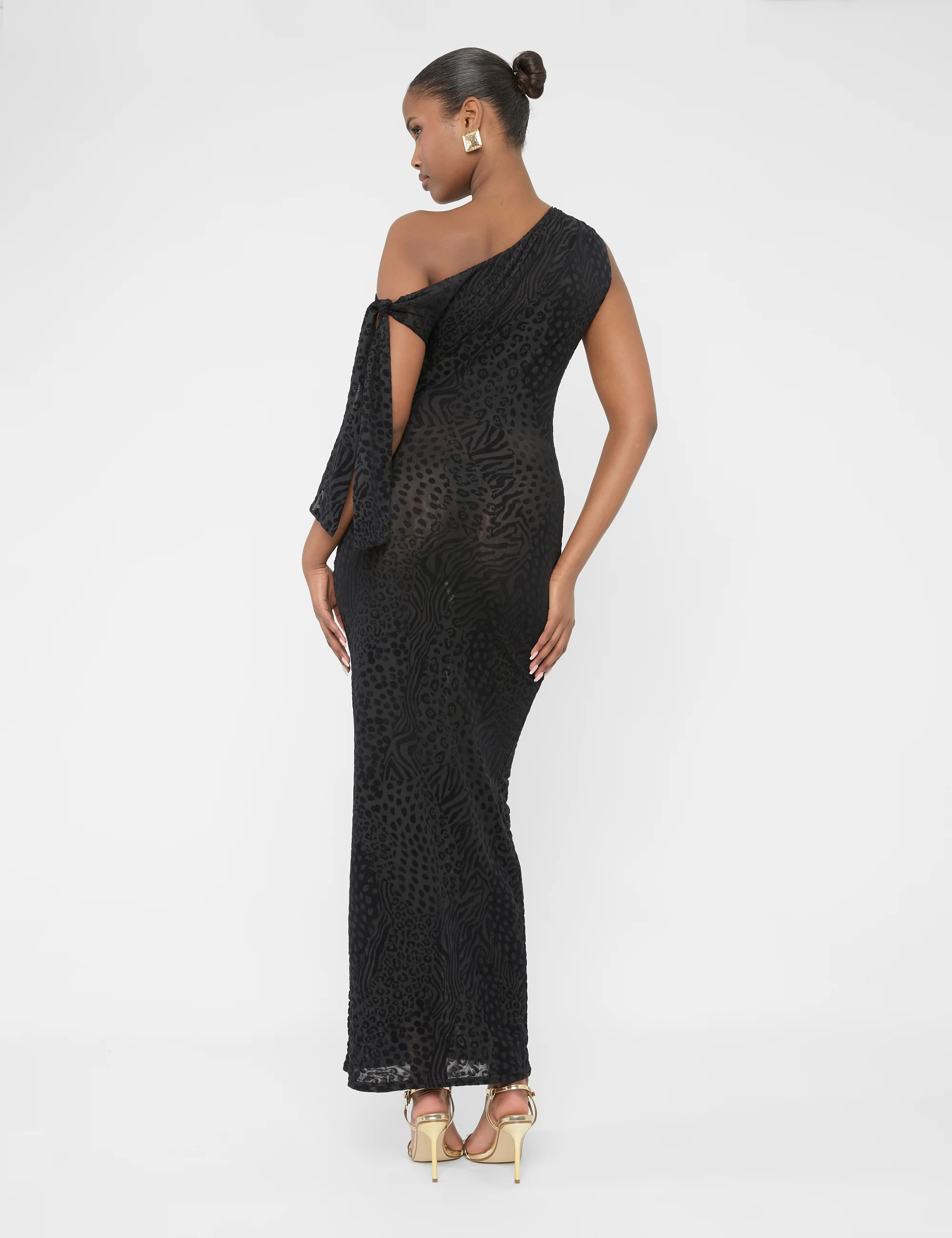 Knot Detail Asymmetric One Shoulder Maxi Dress Devore Leopard Black - Image 4