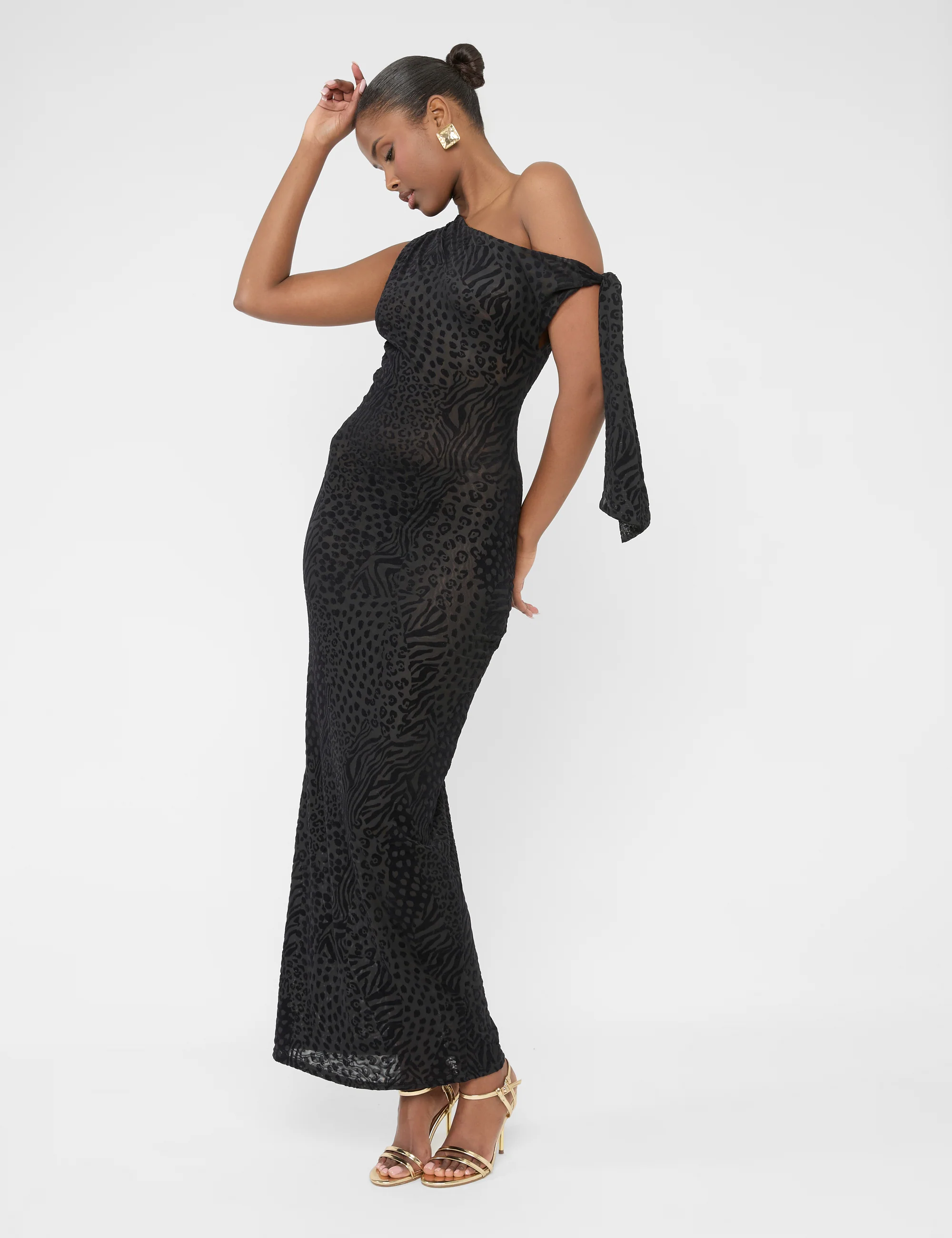 Knot Detail Asymmetric One Shoulder Maxi Dress Devore Leopard Black - Image 5