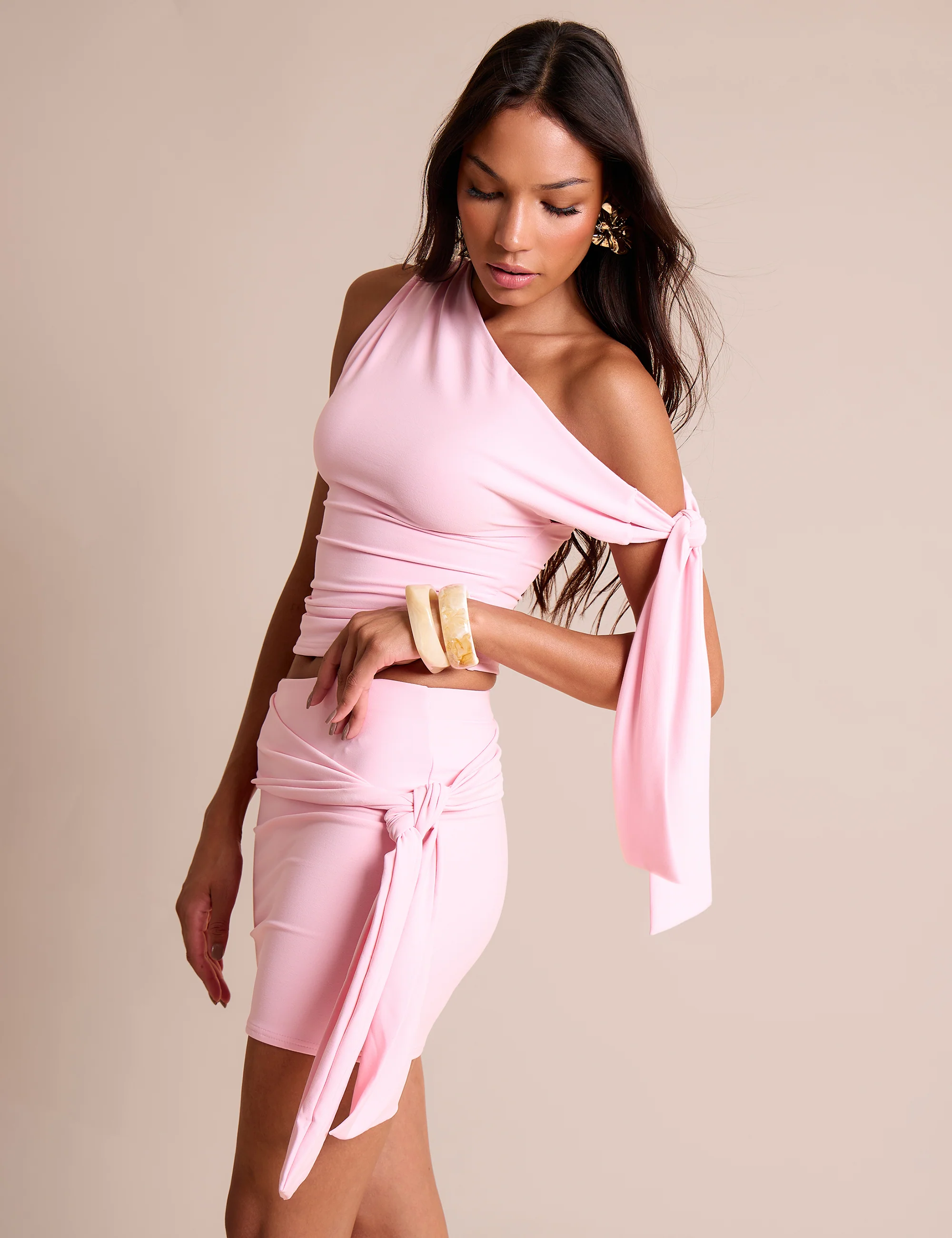 Knot Detail Luxe Slinky Mini Skirt Soft Pink - Image 2