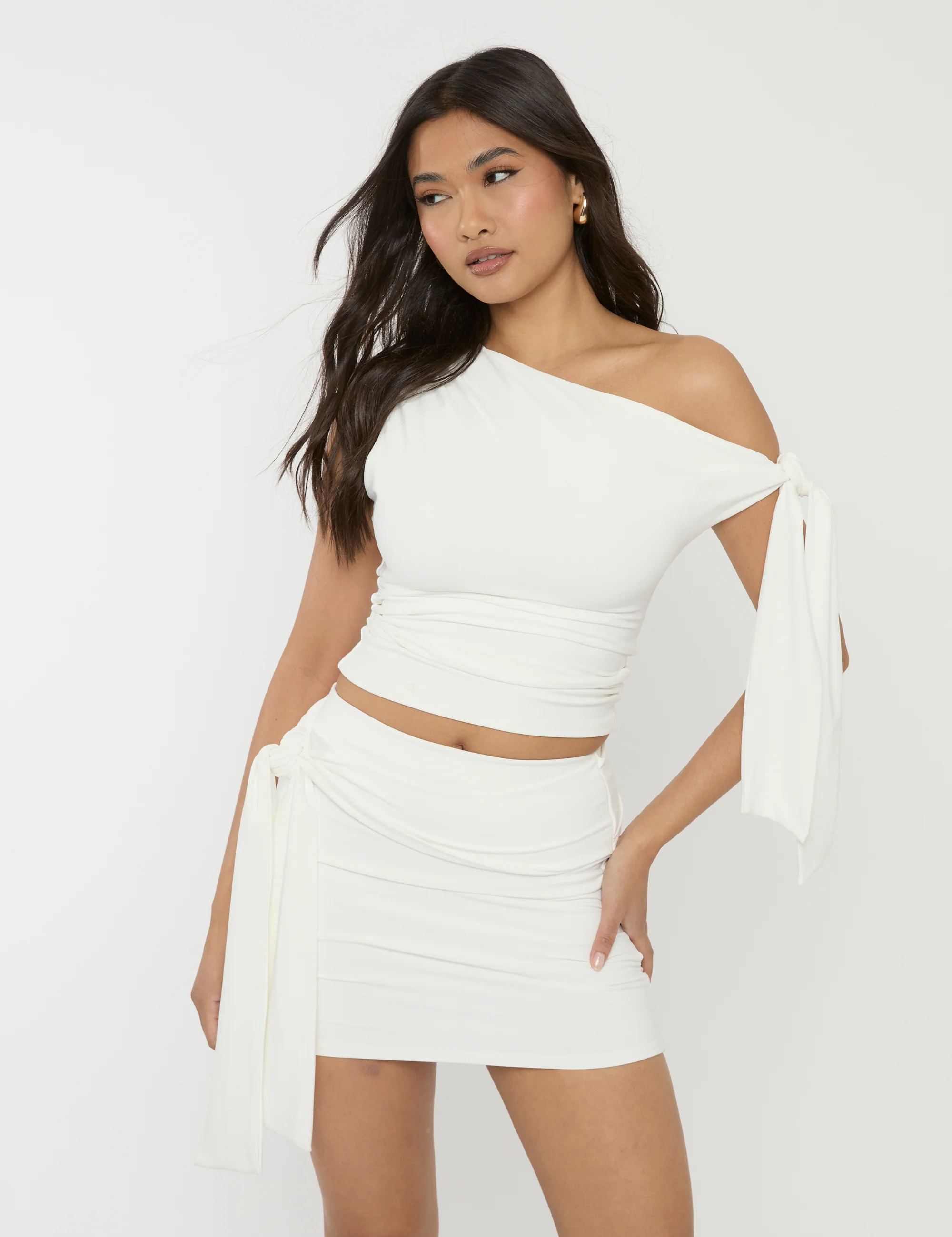Knot Detail Luxe Slinky Mini Skirt White - Image 9