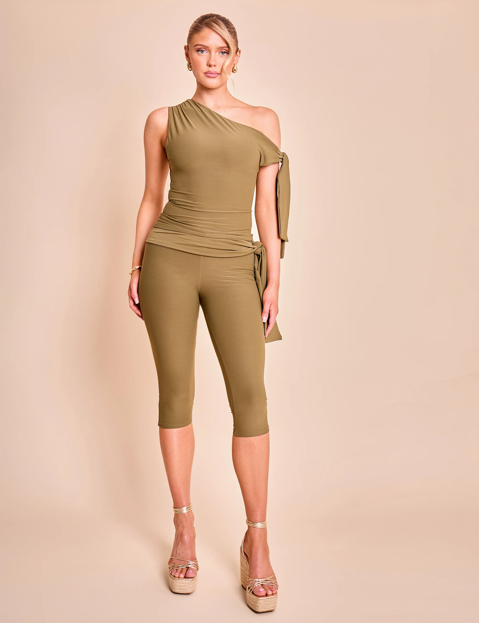 Knot Detail Tie Side Luxe Slinky Capri Pants Khaki - Image 5
