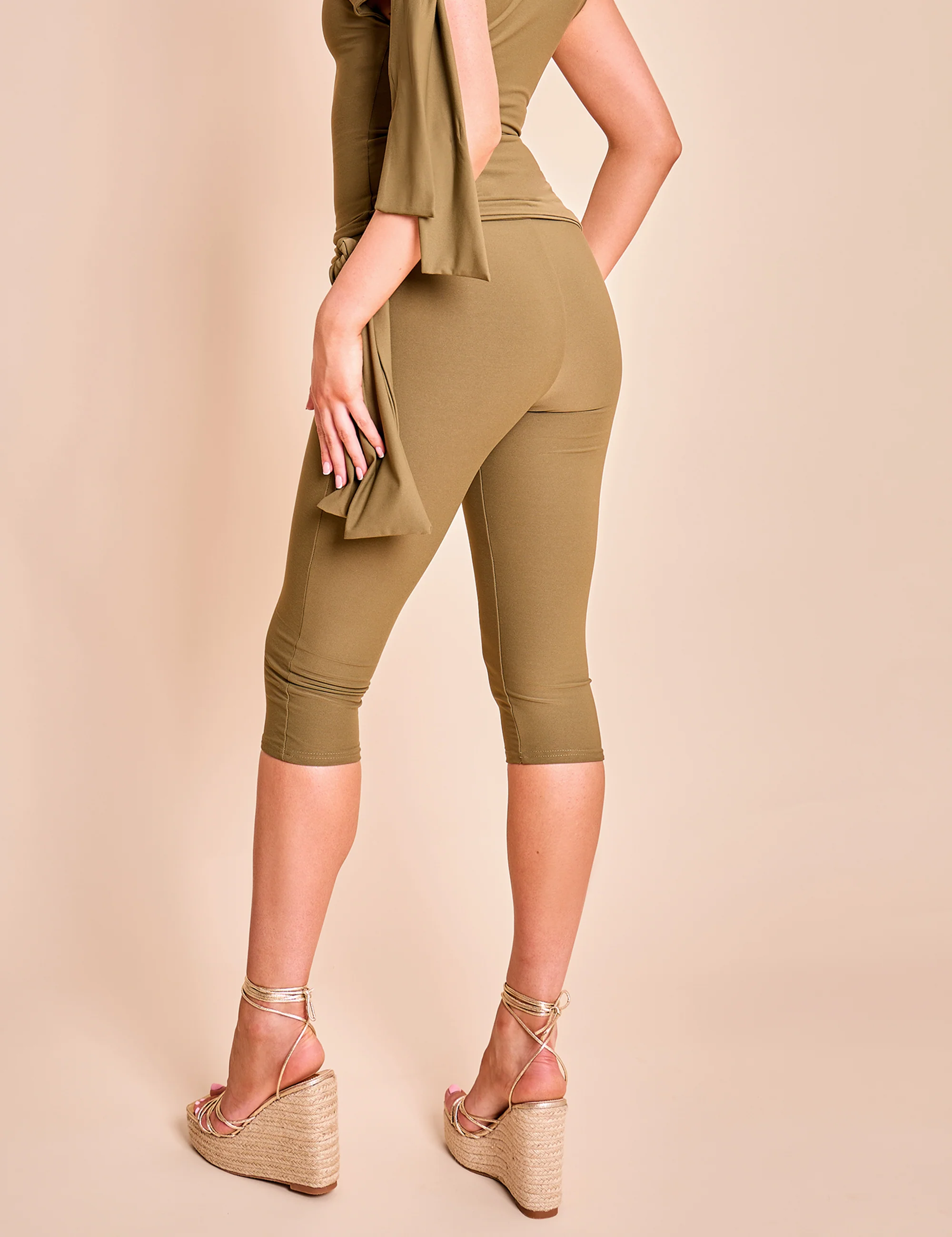 Knot Detail Tie Side Luxe Slinky Capri Pants Khaki - Image 7