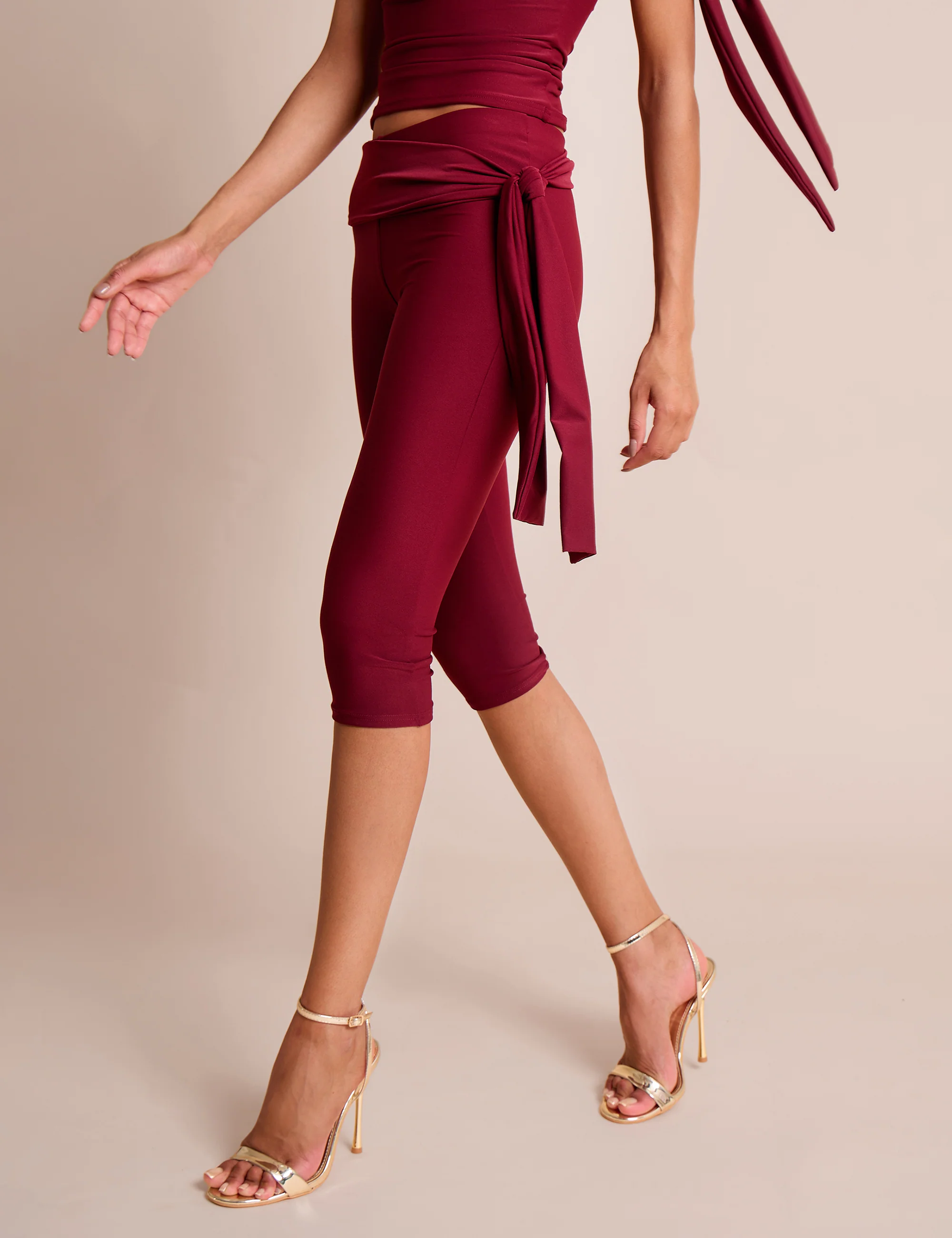 Knot Detail Tie Side Luxe Slinky Capri Pants Burgundy - Image 3