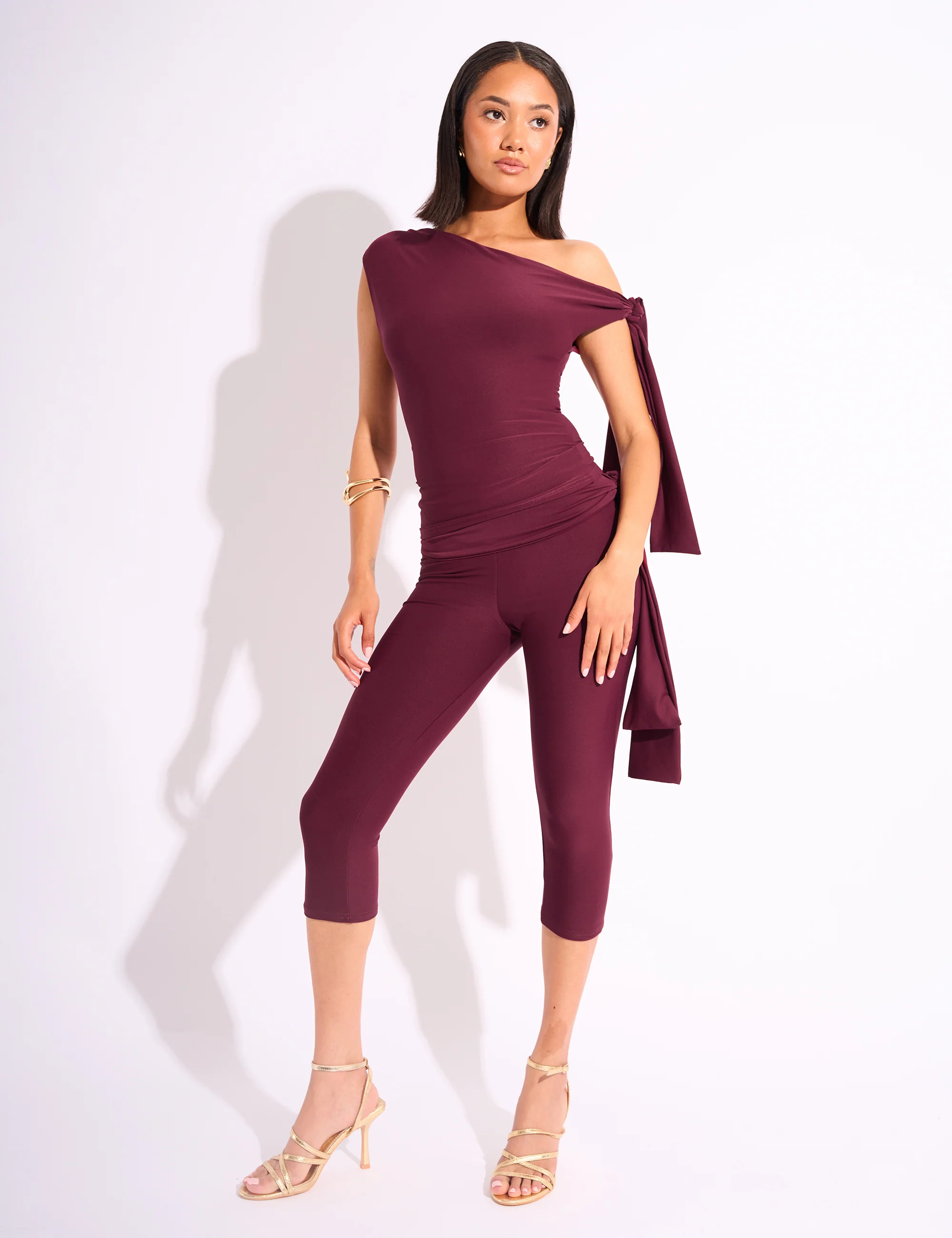 Knot Detail Tie Side Luxe Slinky Capri Pants Burgundy - Image 5
