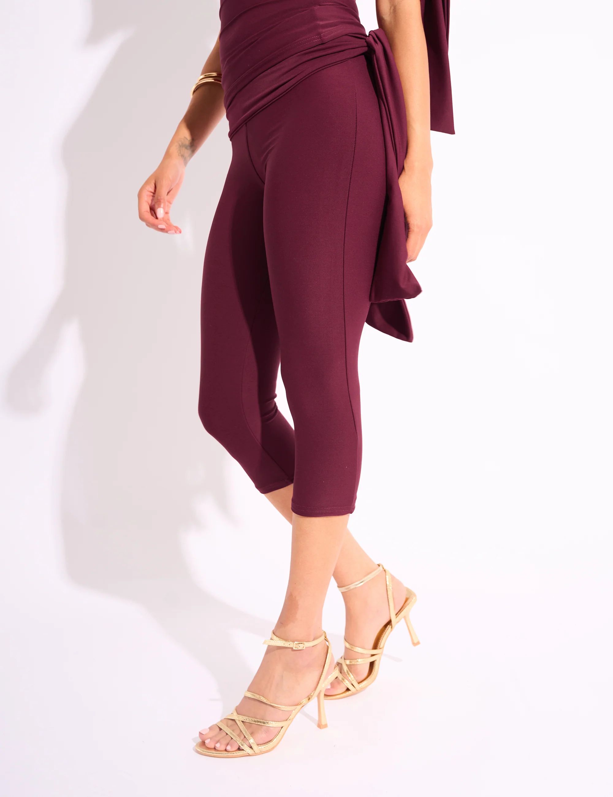 Knot Detail Tie Side Luxe Slinky Capri Pants Burgundy - Image 6