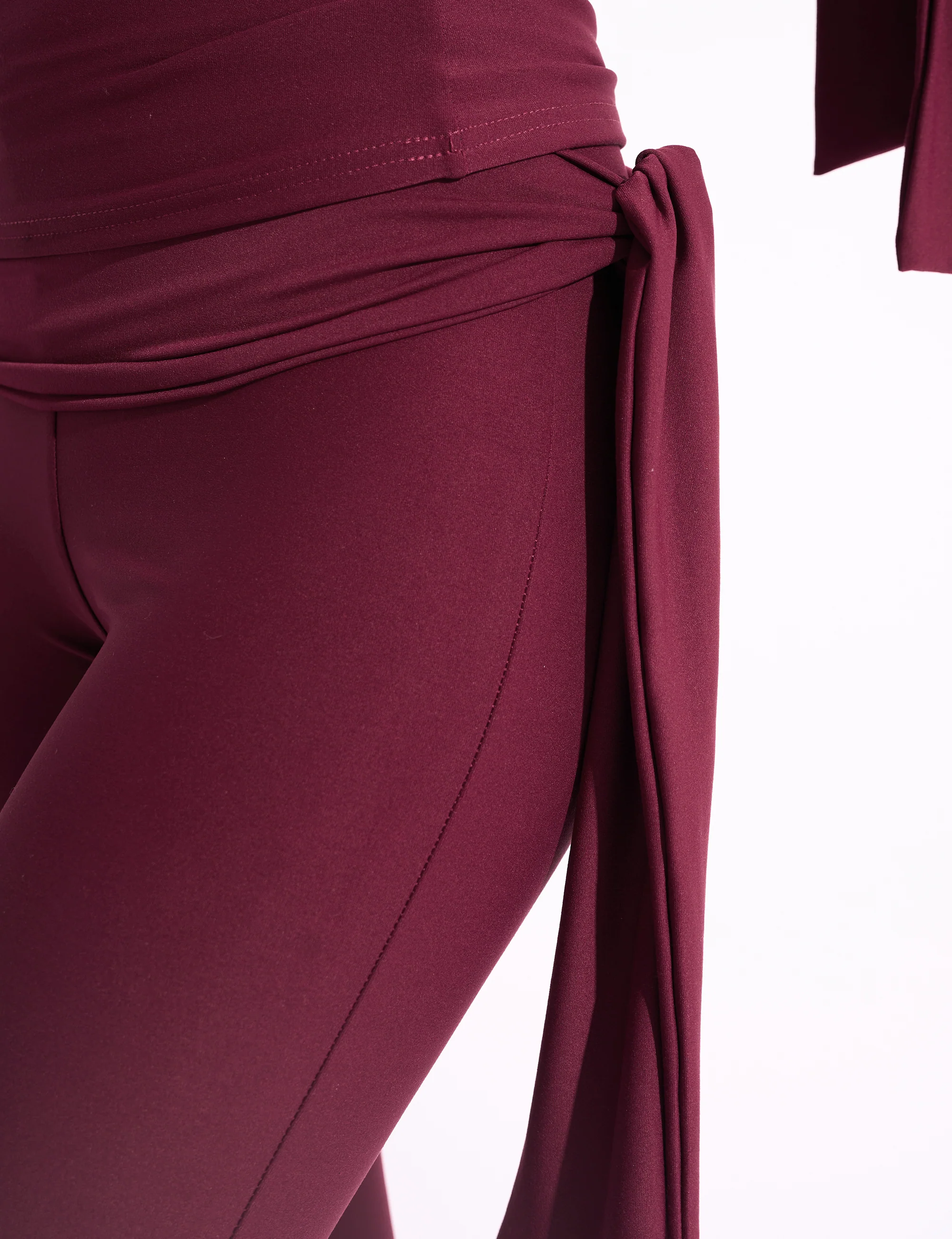 Knot Detail Tie Side Luxe Slinky Capri Pants Burgundy - Image 8