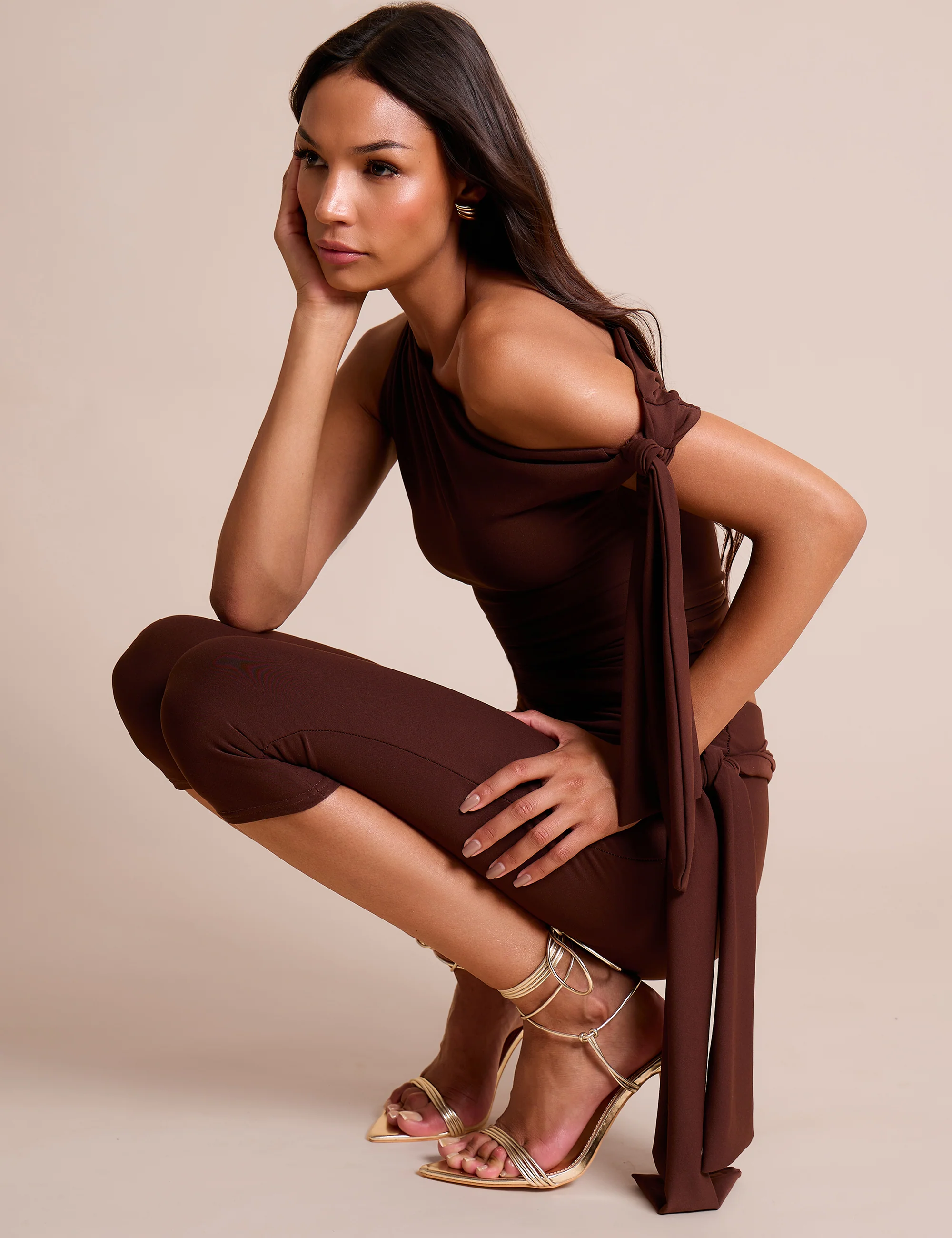 Knot Detail Tie Side Luxe Slinky Capri Pants Chocolate - Image 3