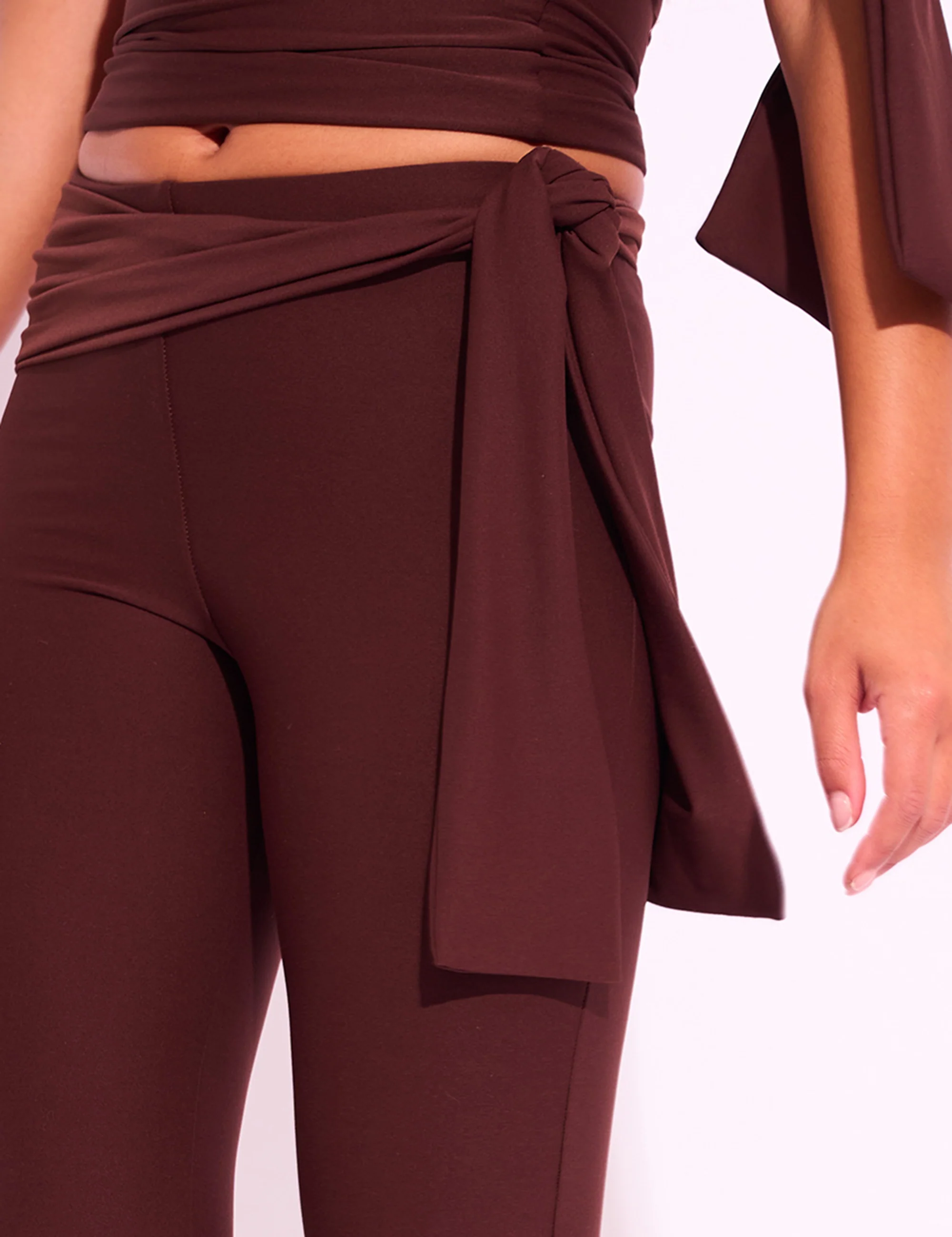 Knot Detail Tie Side Luxe Slinky Capri Pants Chocolate - Image 9