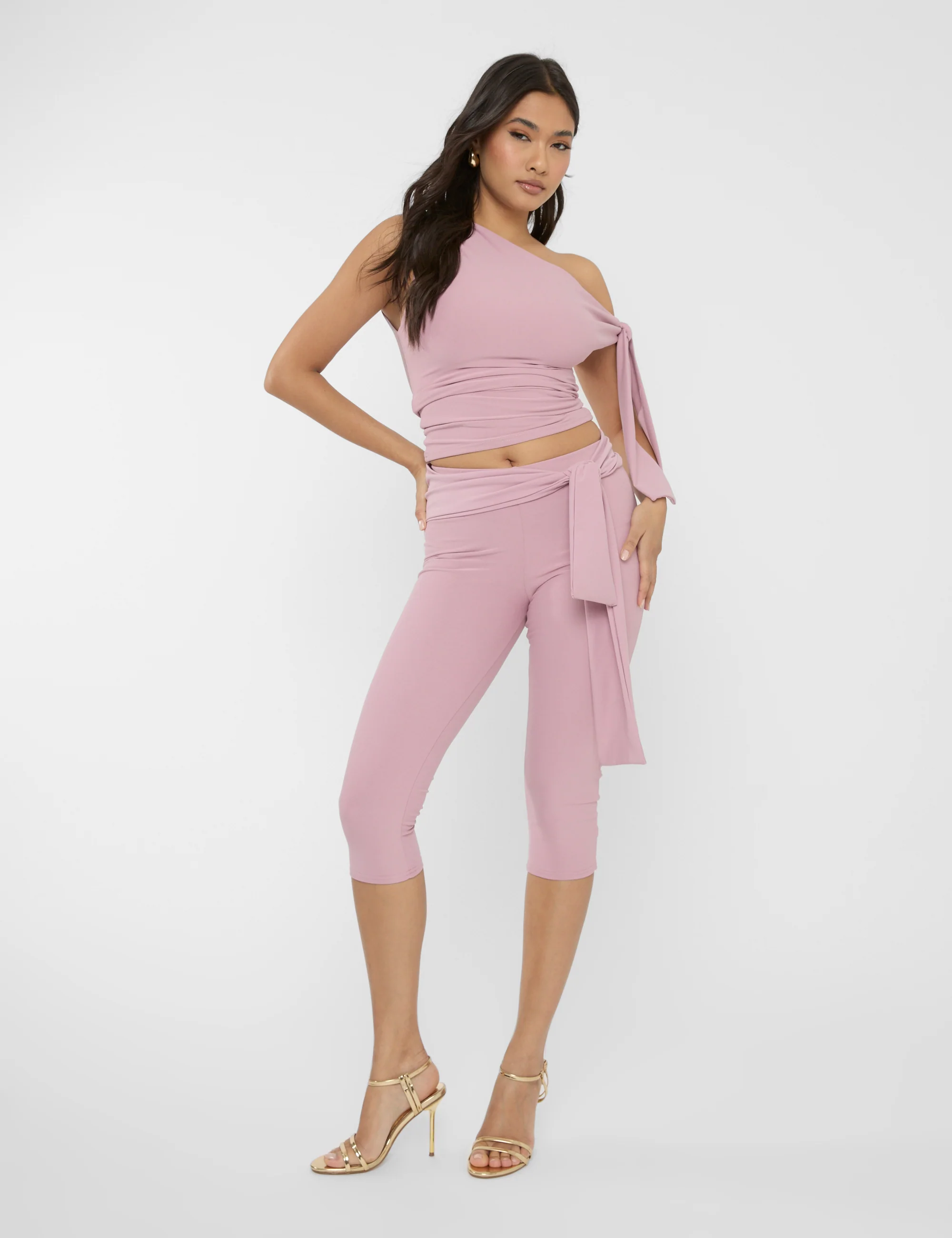 Knot Detail Tie Side Luxe Slinky Capri Pants Mauve - Image 2