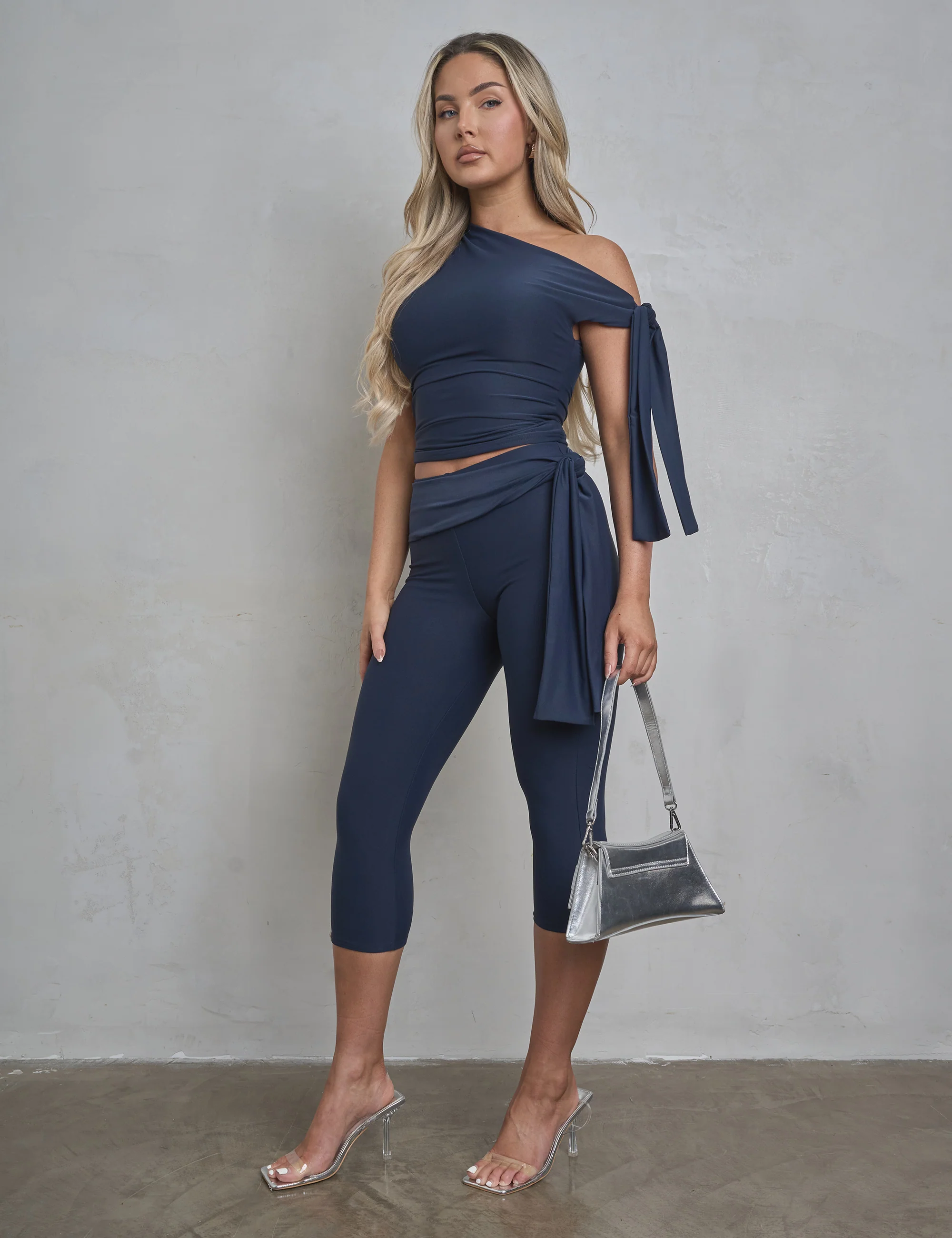 Knot Detail Tie Side Luxe Slinky Capri Pants Navy - Image 12