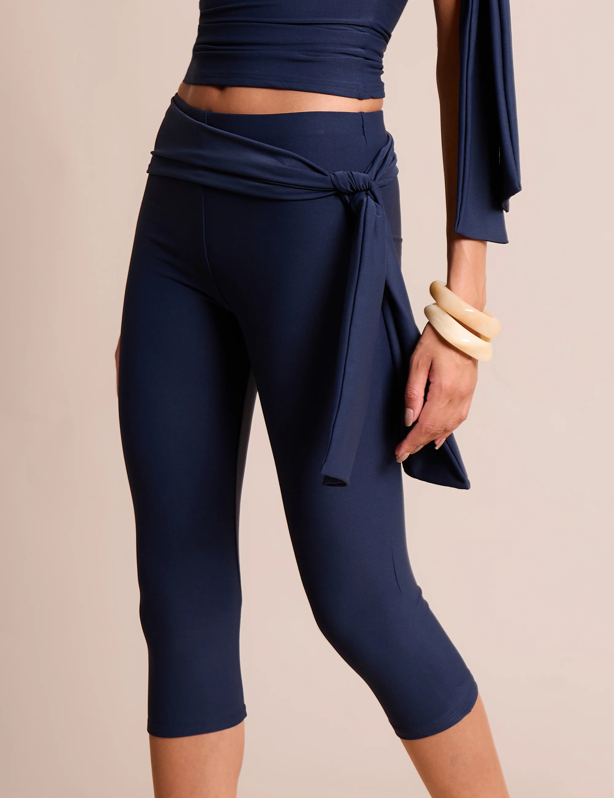 Knot Detail Tie Side Luxe Slinky Capri Pants Navy - Image 2