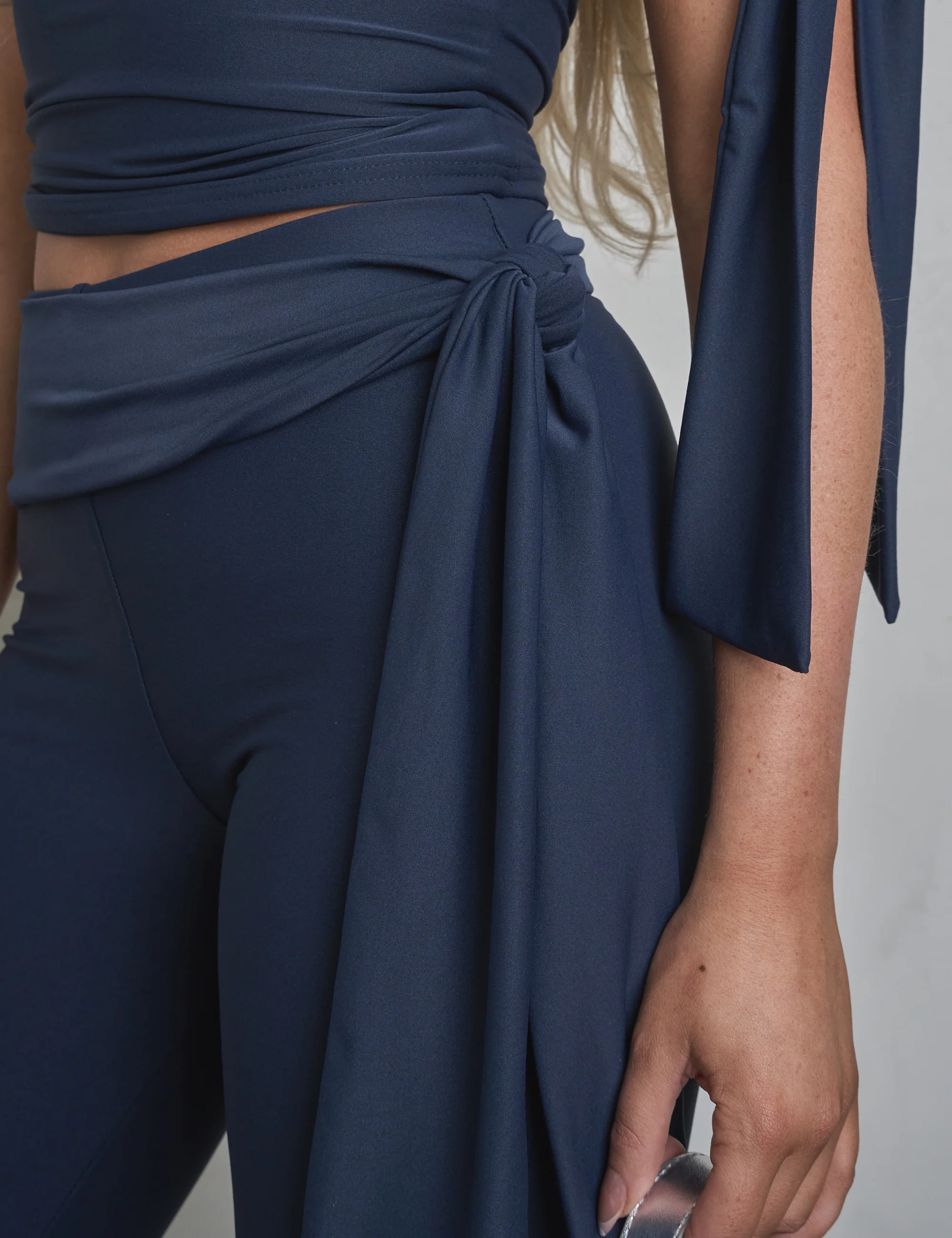 Knot Detail Tie Side Luxe Slinky Capri Pants Navy - Image 4