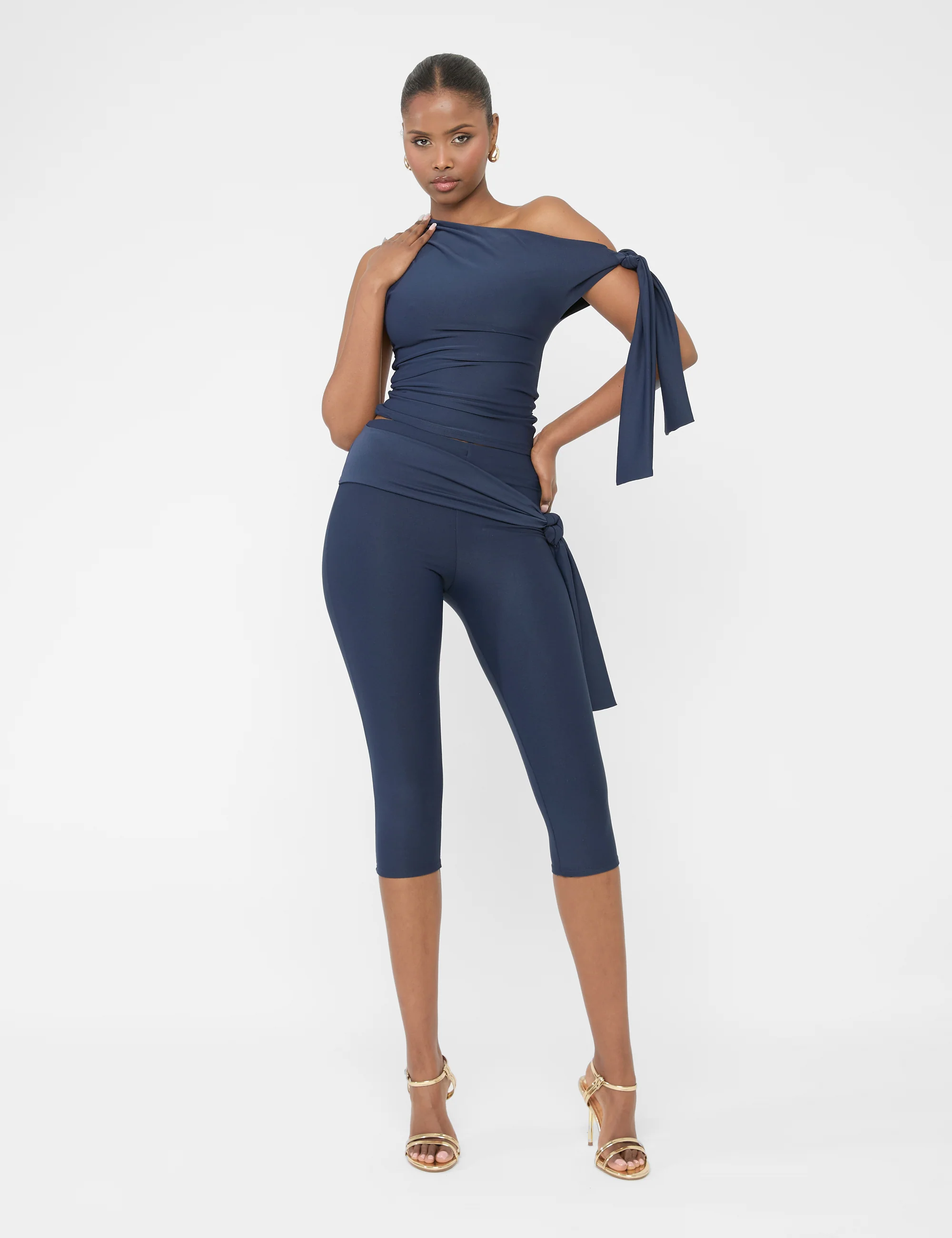 Knot Detail Tie Side Luxe Slinky Capri Pants Navy - Image 6