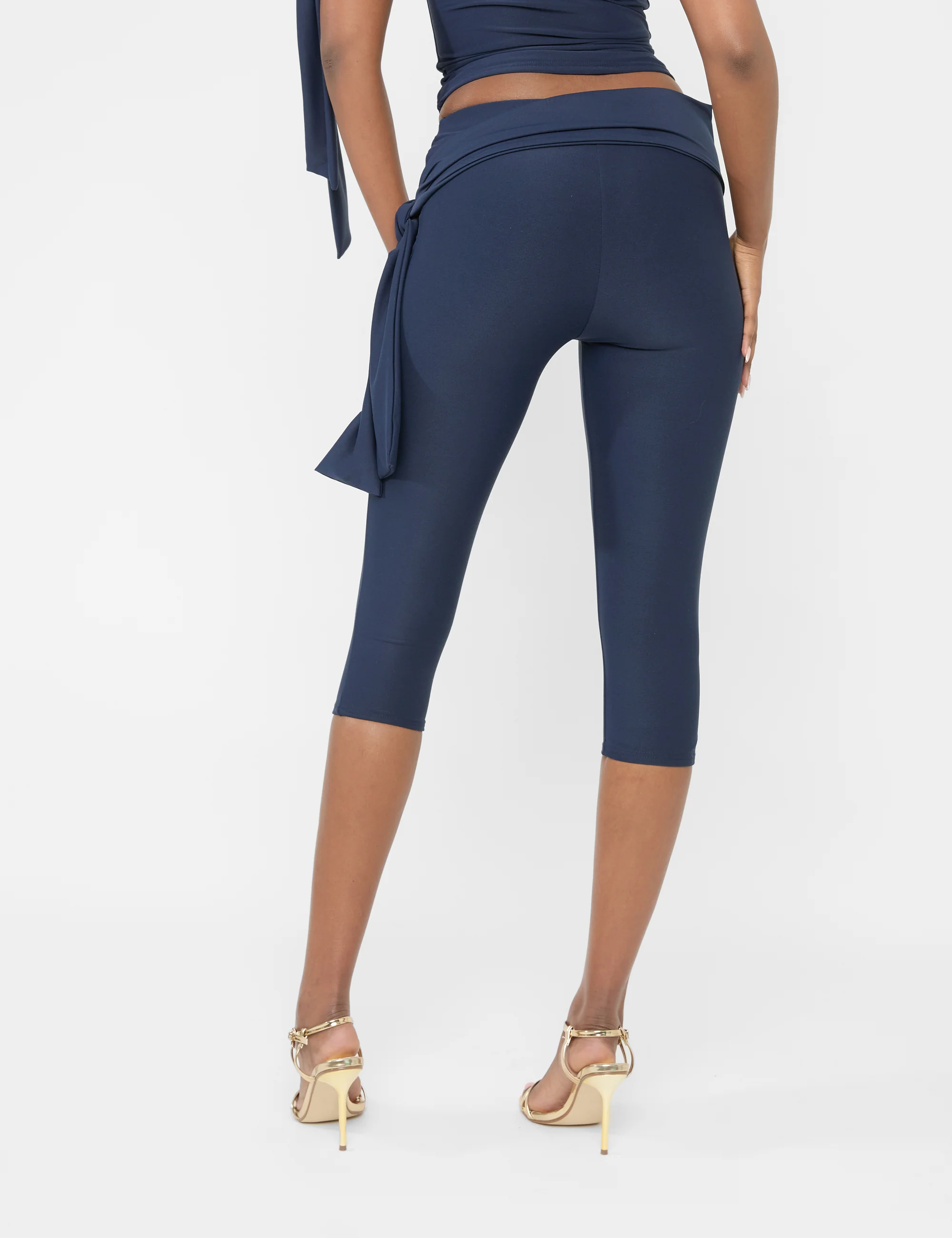 Knot Detail Tie Side Luxe Slinky Capri Pants Navy - Image 7
