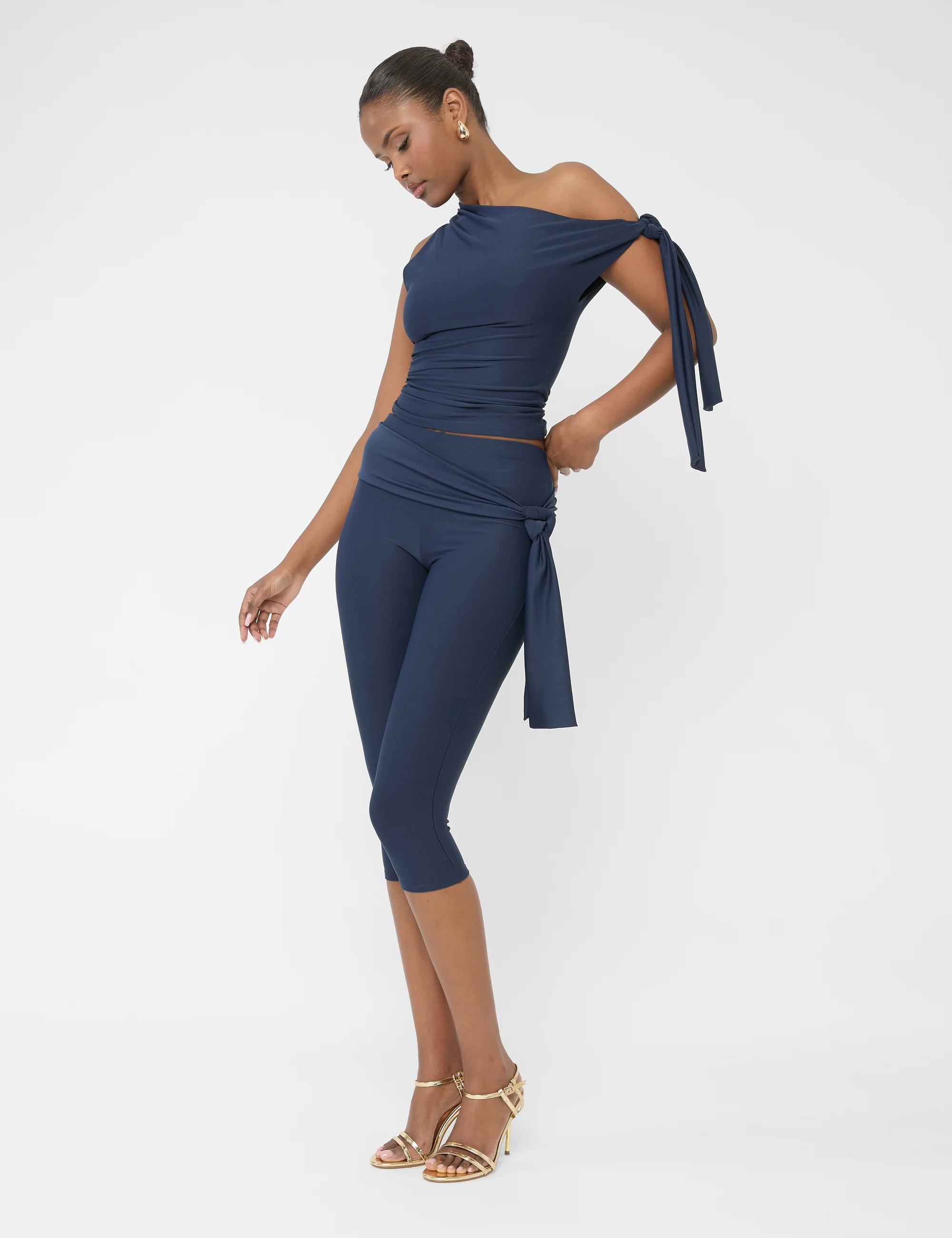 Knot Detail Tie Side Luxe Slinky Capri Pants Navy - Image 9