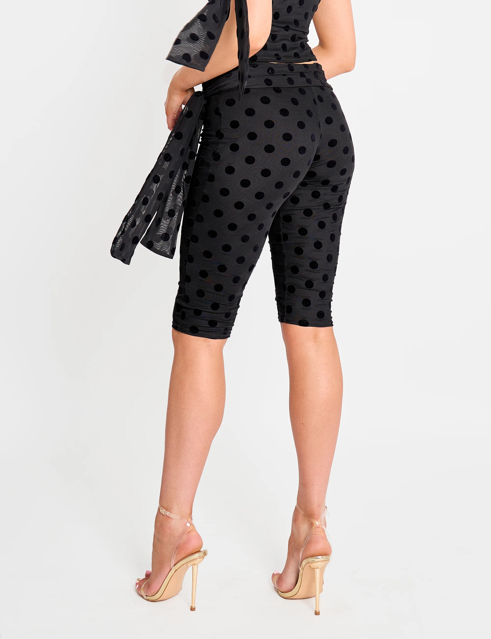 Knot Detail Tie Side Polka Dot Devore Capri Pants Black - Image 3