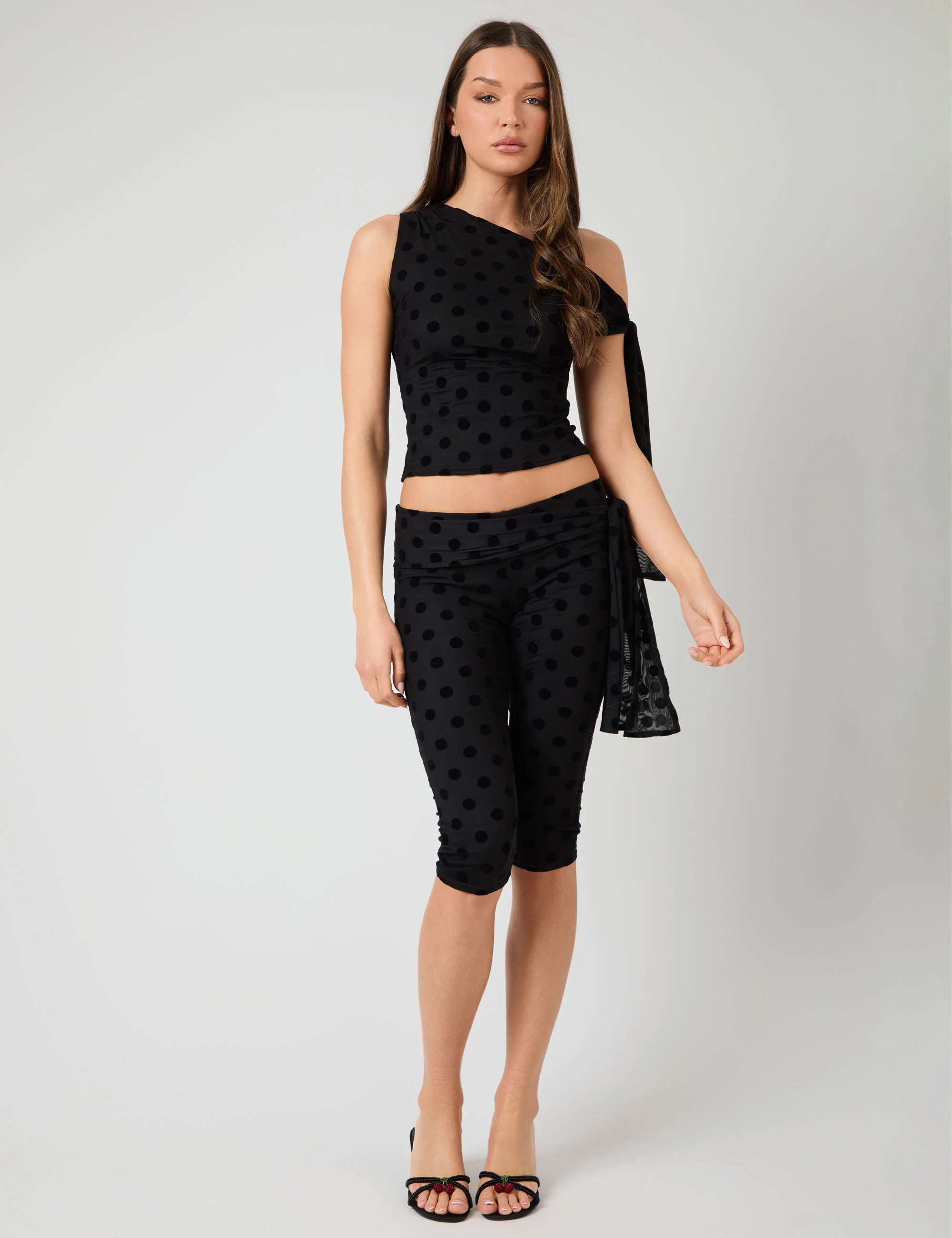 Knot Detail Tie Side Polka Dot Devore Capri Pants Black - Image 6