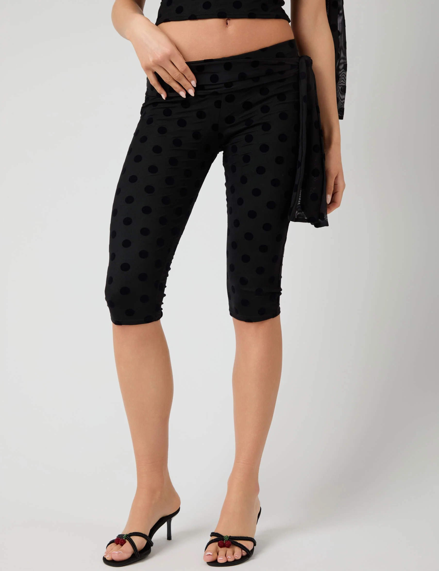 Knot Detail Tie Side Polka Dot Devore Capri Pants Black - Image 7