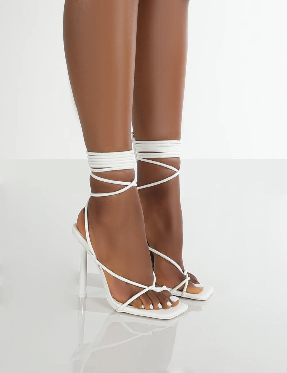 Lacey White Square Toe Strappy Lace Up Stiletto Heels - Image 5