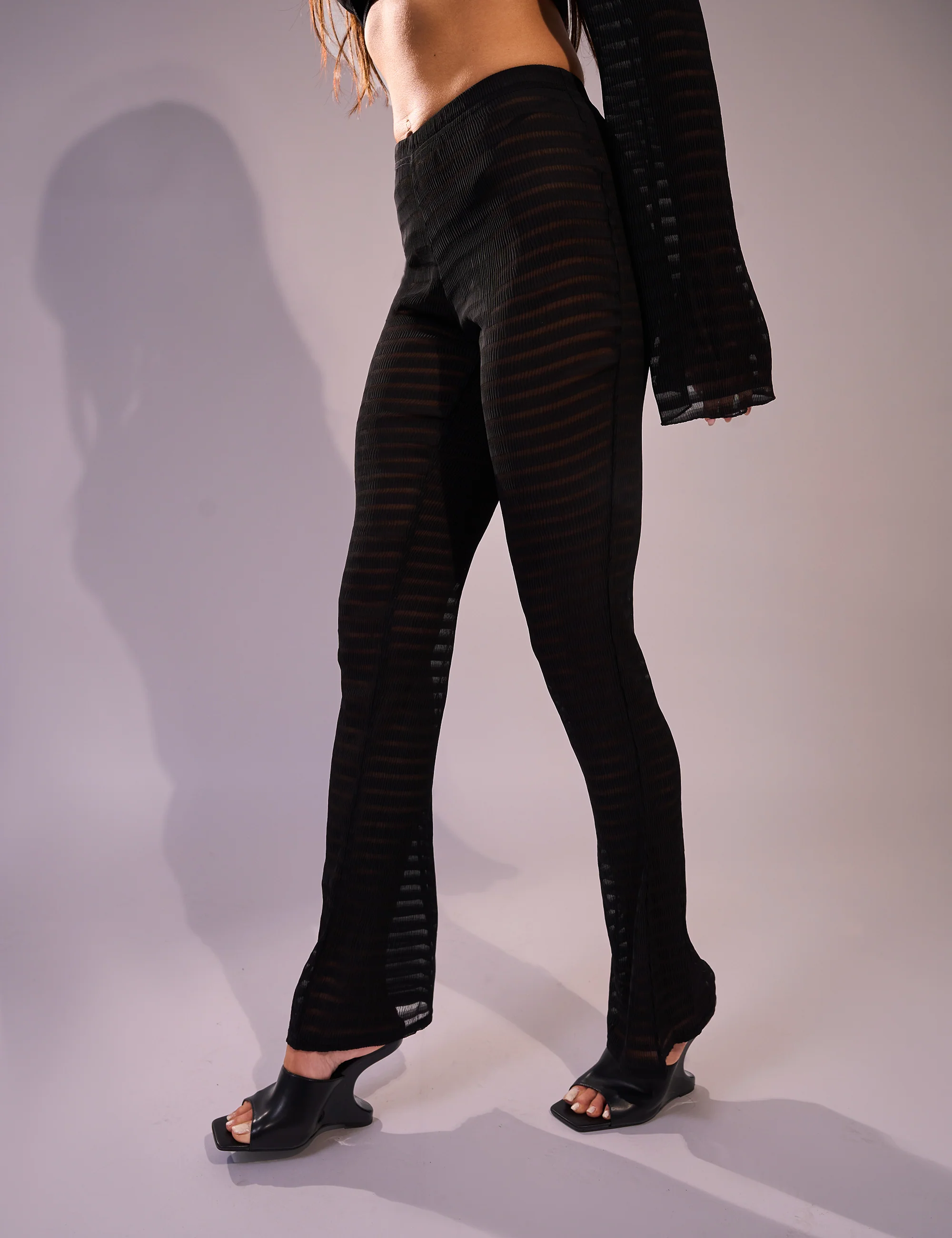 Laddered Mesh Straight Leg V Waist Pants Black - Image 3