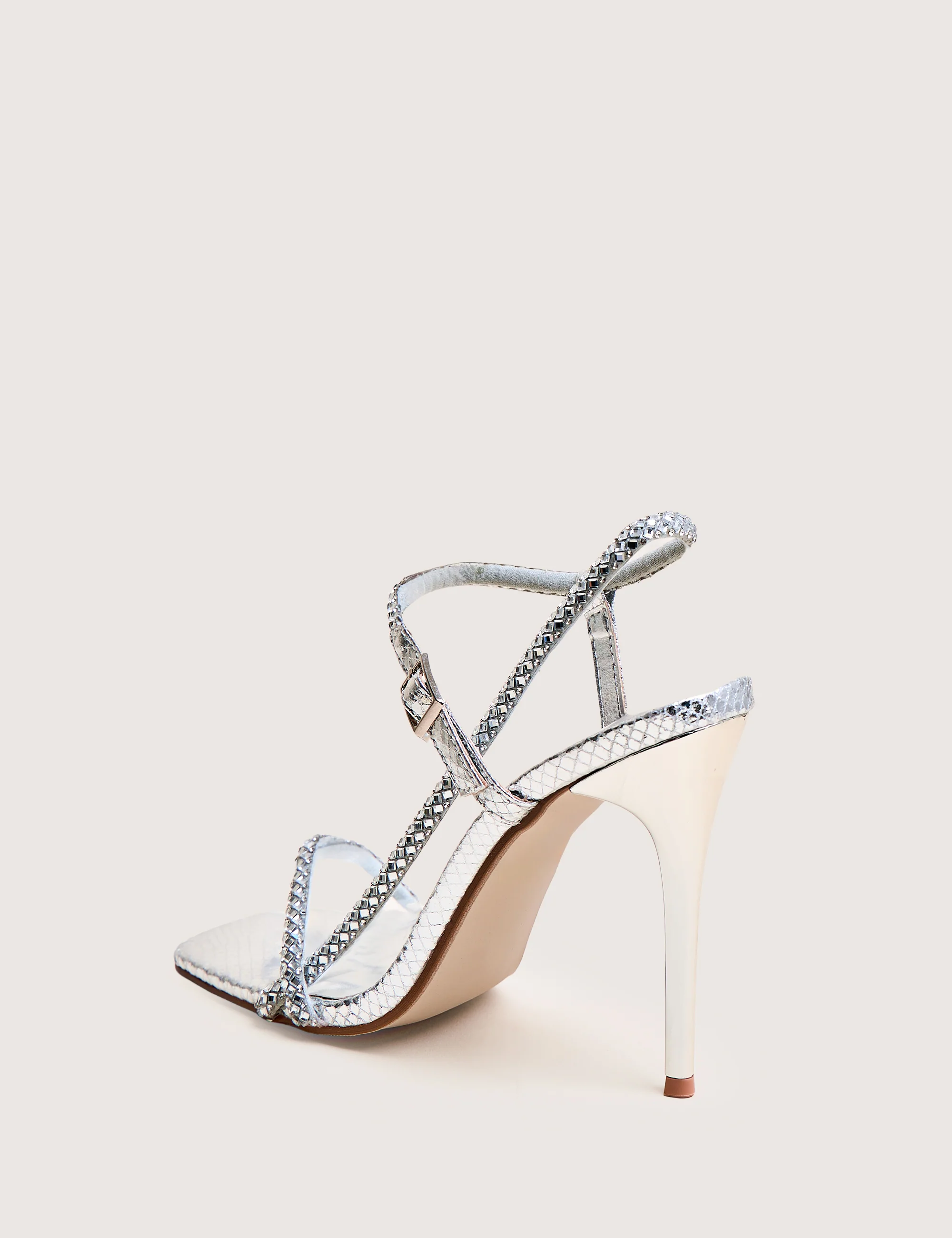 Last Night Silver Snake Pu Diamante Strap Stiletto High Heels - Image 3