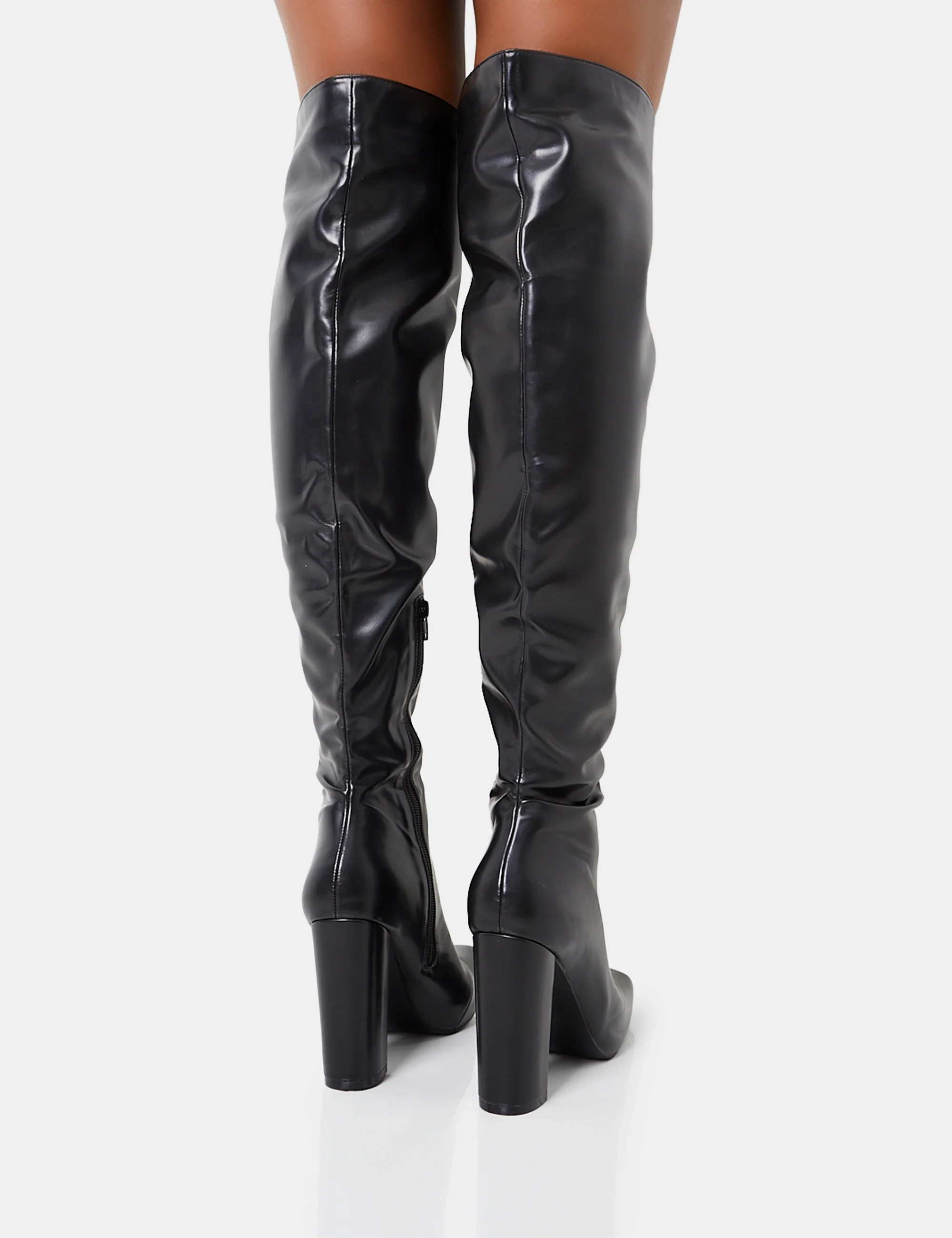 Lasta Black Pu Rounded Square Toe Block Heeled Over The Knee Boots - Image 4