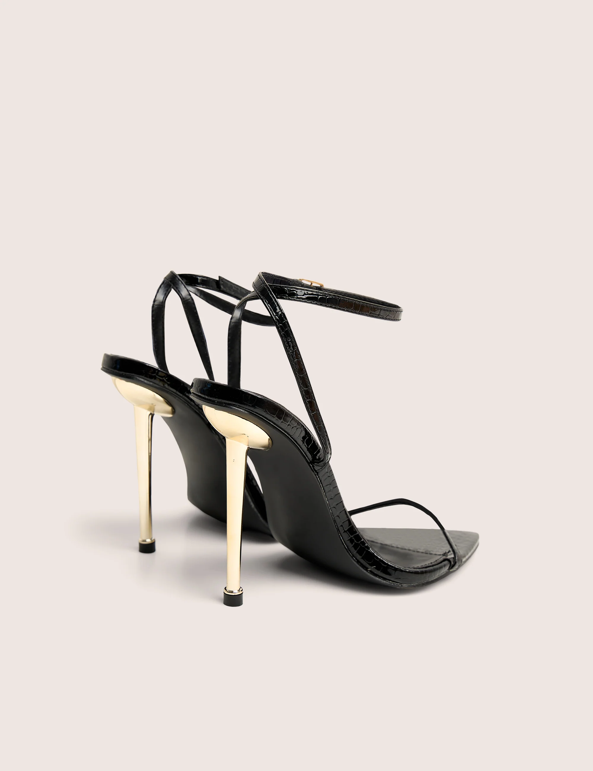 Legacy Black Patent Croc Barely There Pointed Toe Gold Stiletto Heels - Image 3