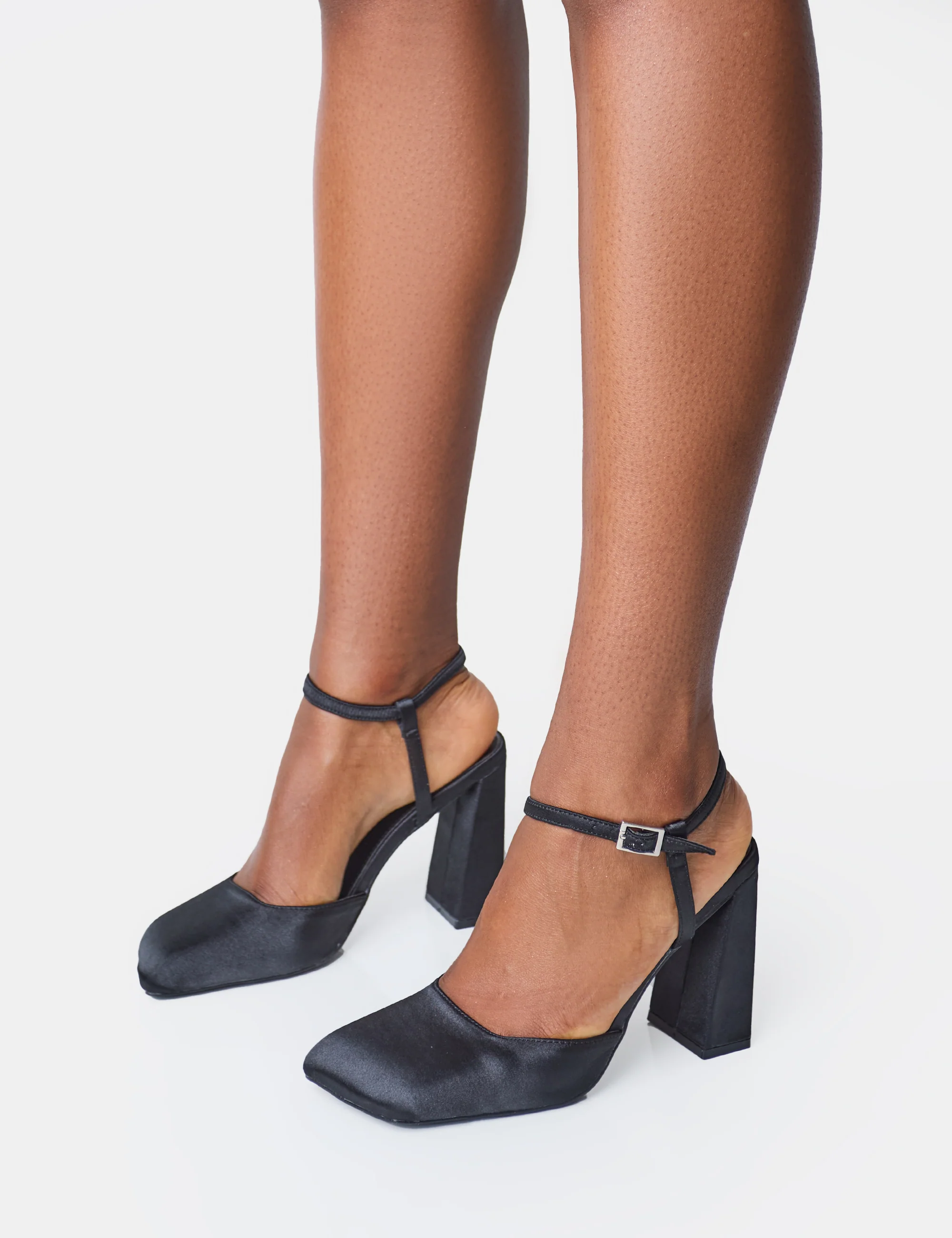 Leighton Black Satin Slant Toe Block Heels - Image 4