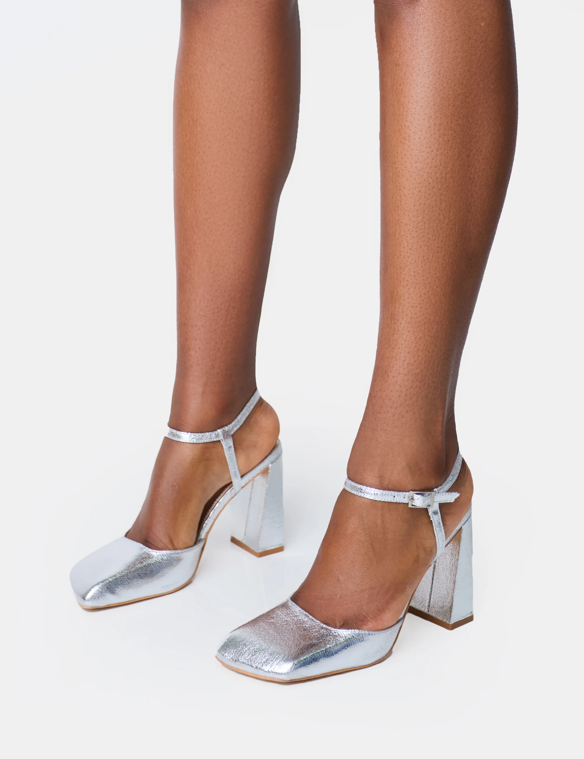 Leighton Cracked Silver Slant Toe Block Heels - Image 4