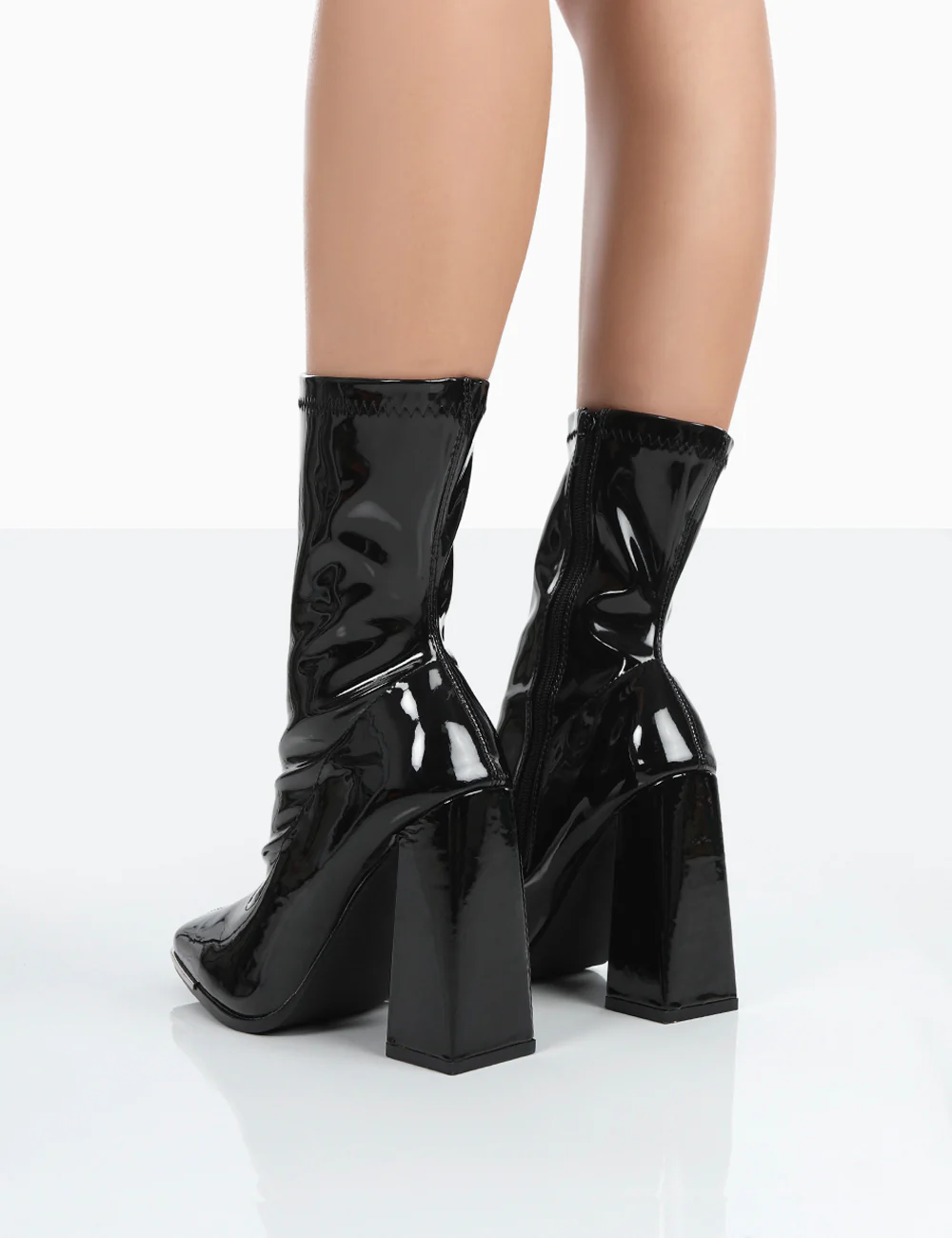 Liberty Black Patent Sock Block Heeled Ankle Boots - Image 3