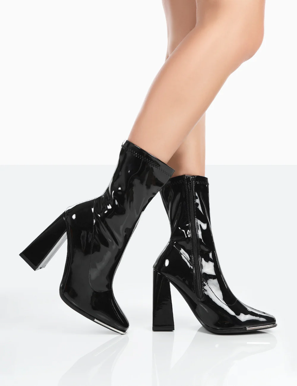 Liberty Black Patent Sock Block Heeled Ankle Boots - Image 4