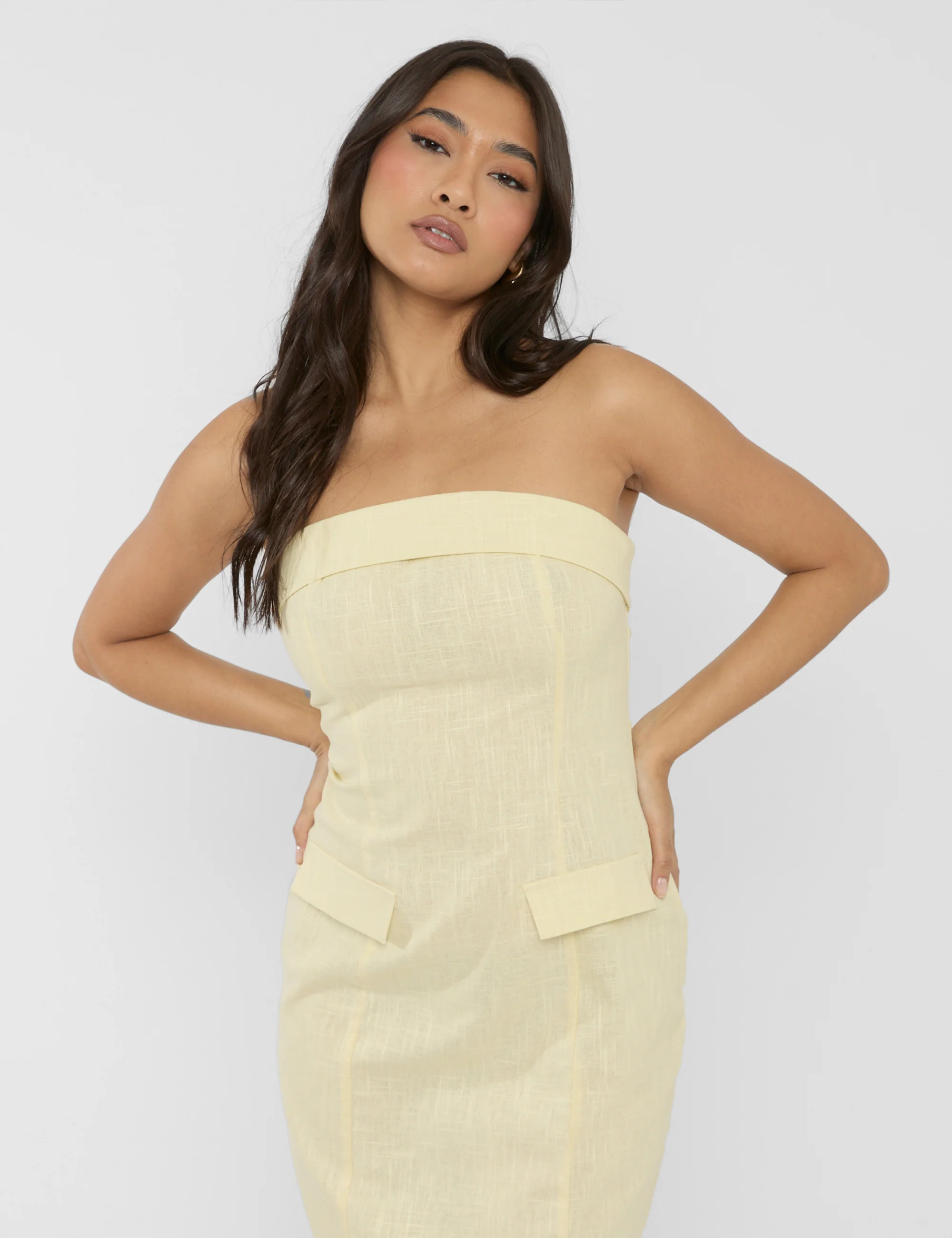 Linen Look Tailored Fold Over Bandeau Pocket Detail Midi Dress Yellow - Image 3