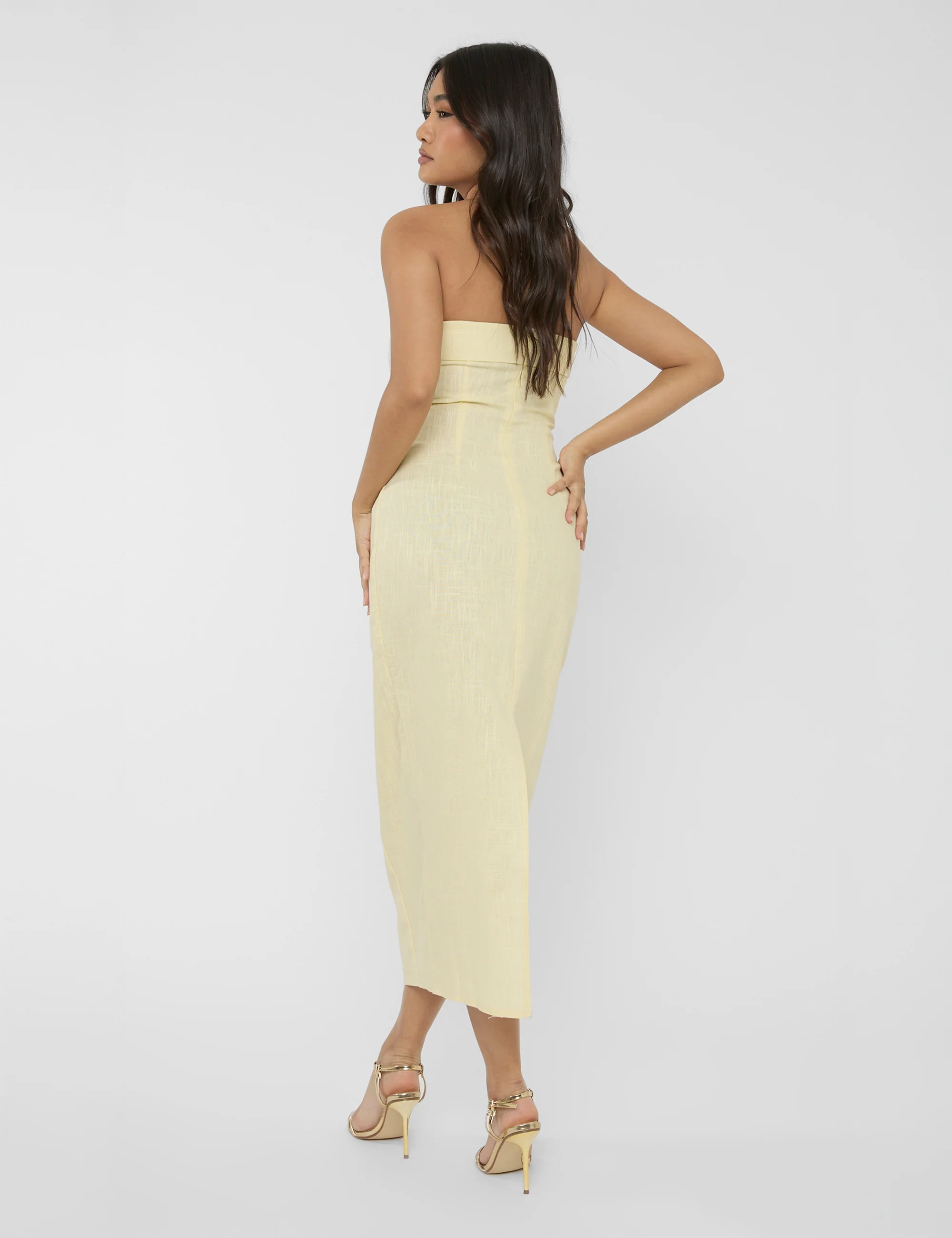 Linen Look Tailored Fold Over Bandeau Pocket Detail Midi Dress Yellow - Image 5