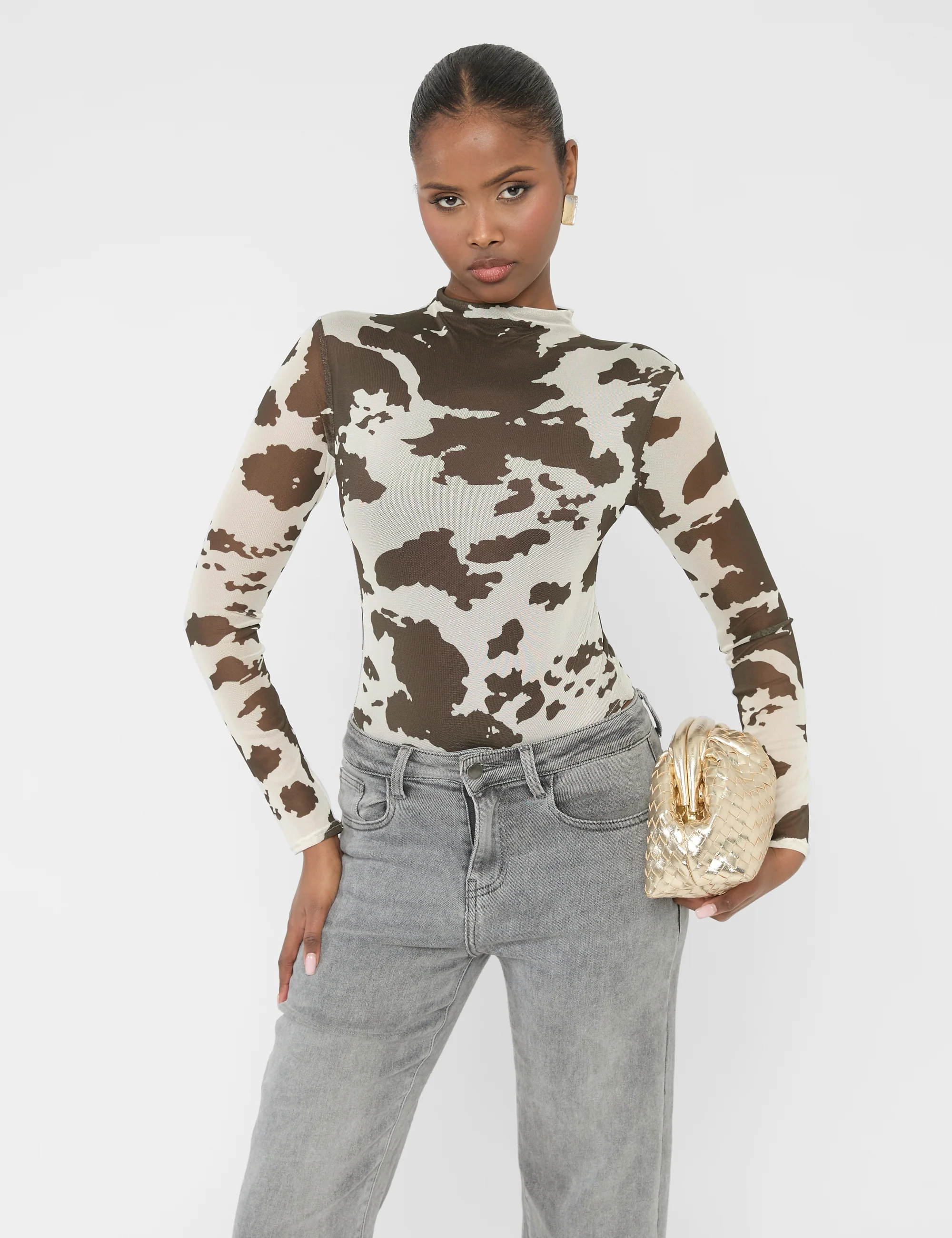 Long Sleeve High Neck Bodysuit Cow Print - Image 5