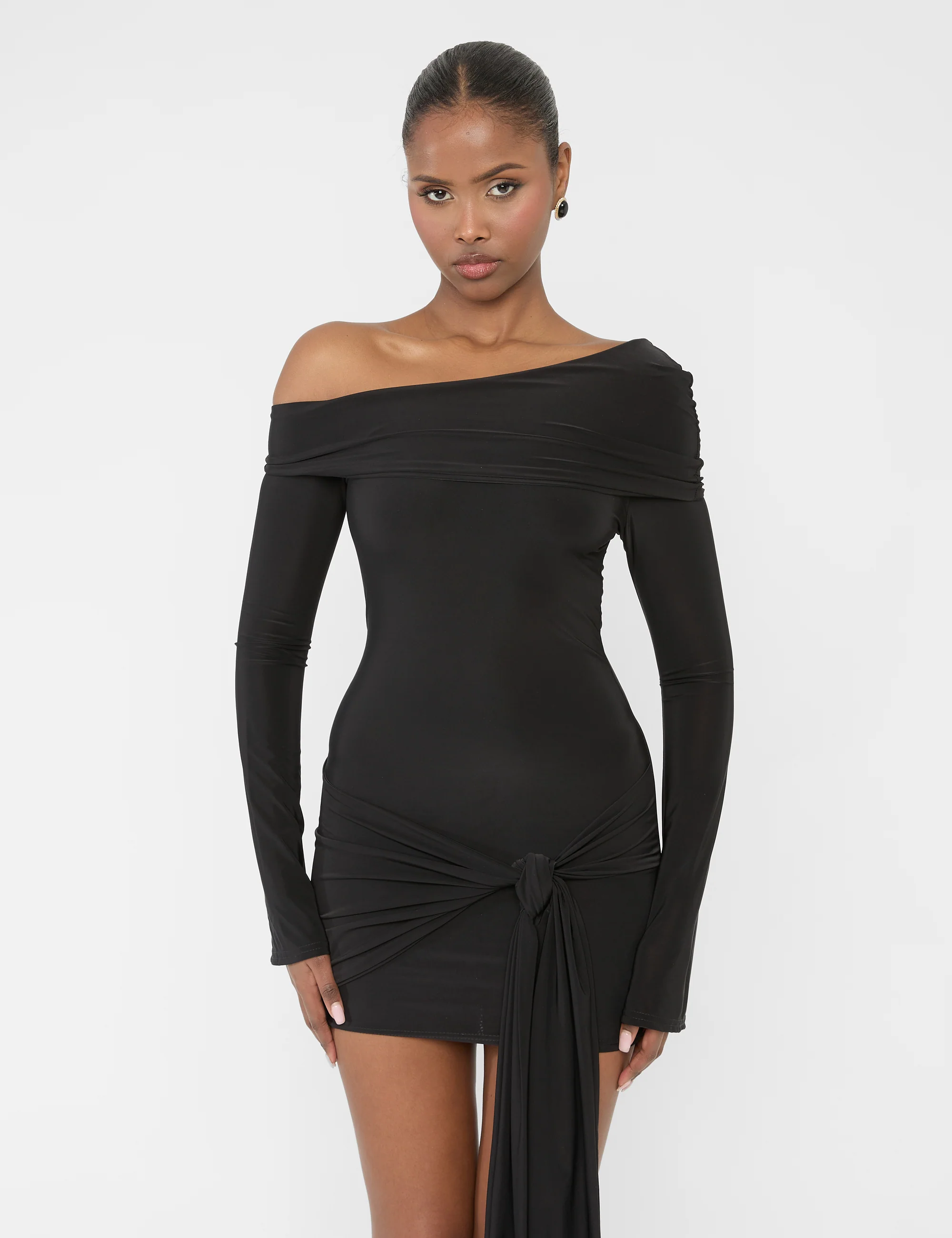 Knot Drape Detail Slinky Long Sleeve Mini Dress Black - Image 2