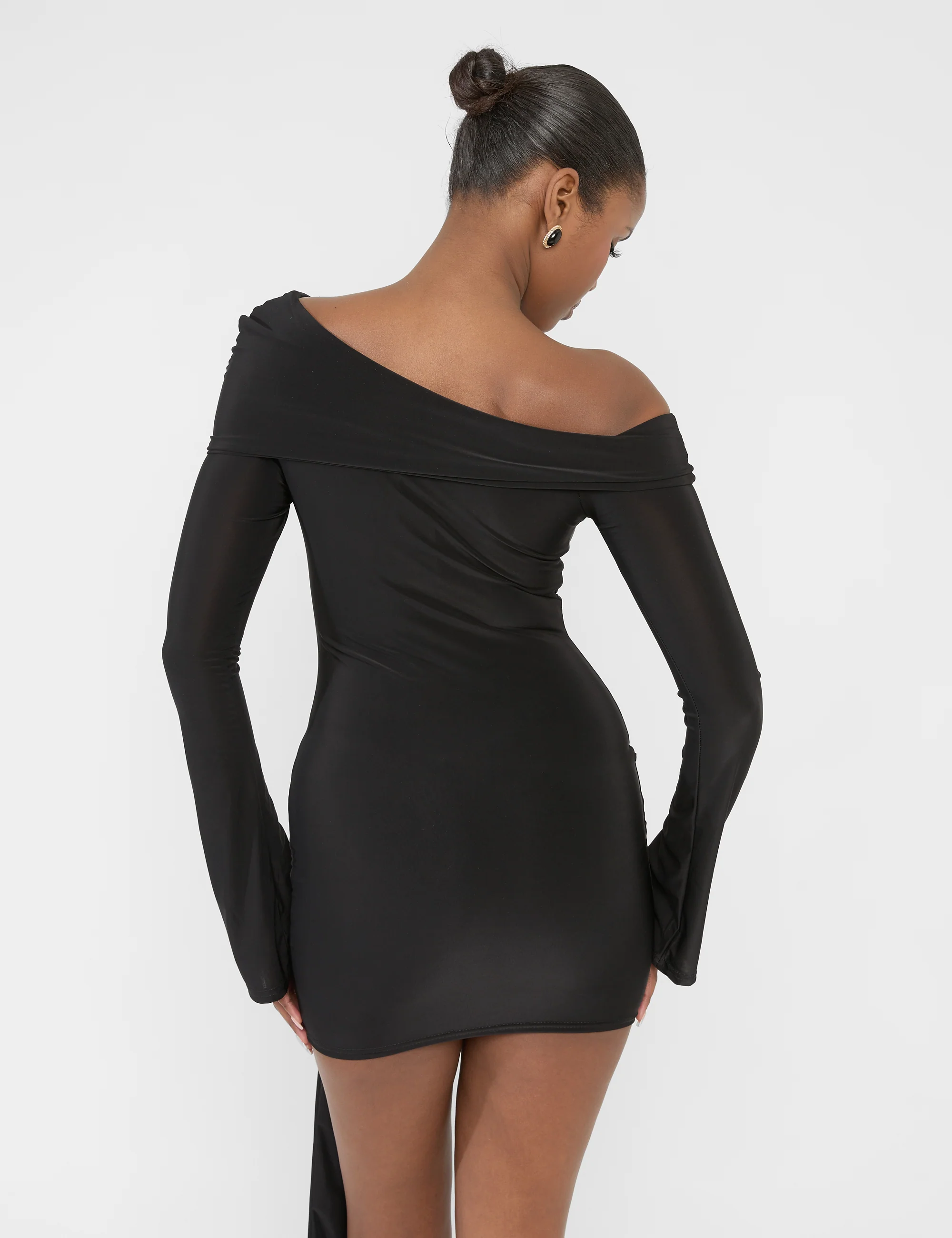 Knot Drape Detail Slinky Long Sleeve Mini Dress Black - Image 3
