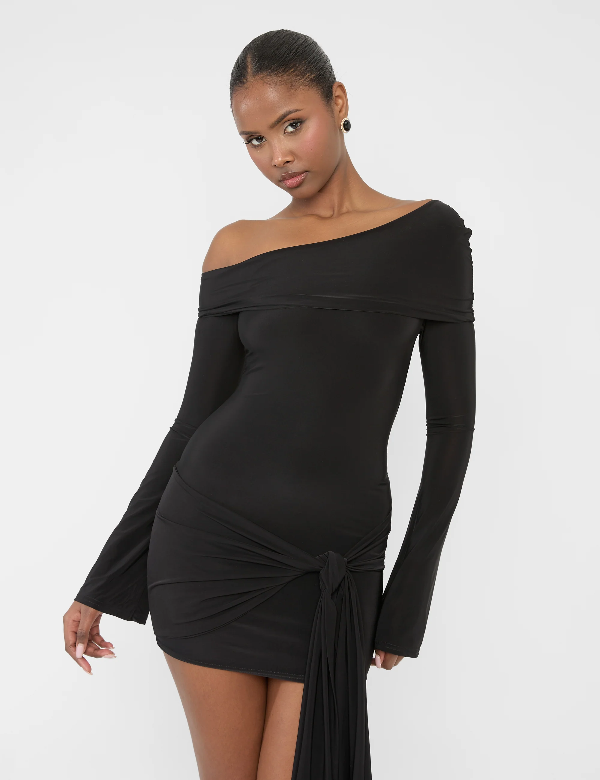 Knot Drape Detail Slinky Long Sleeve Mini Dress Black - Image 4
