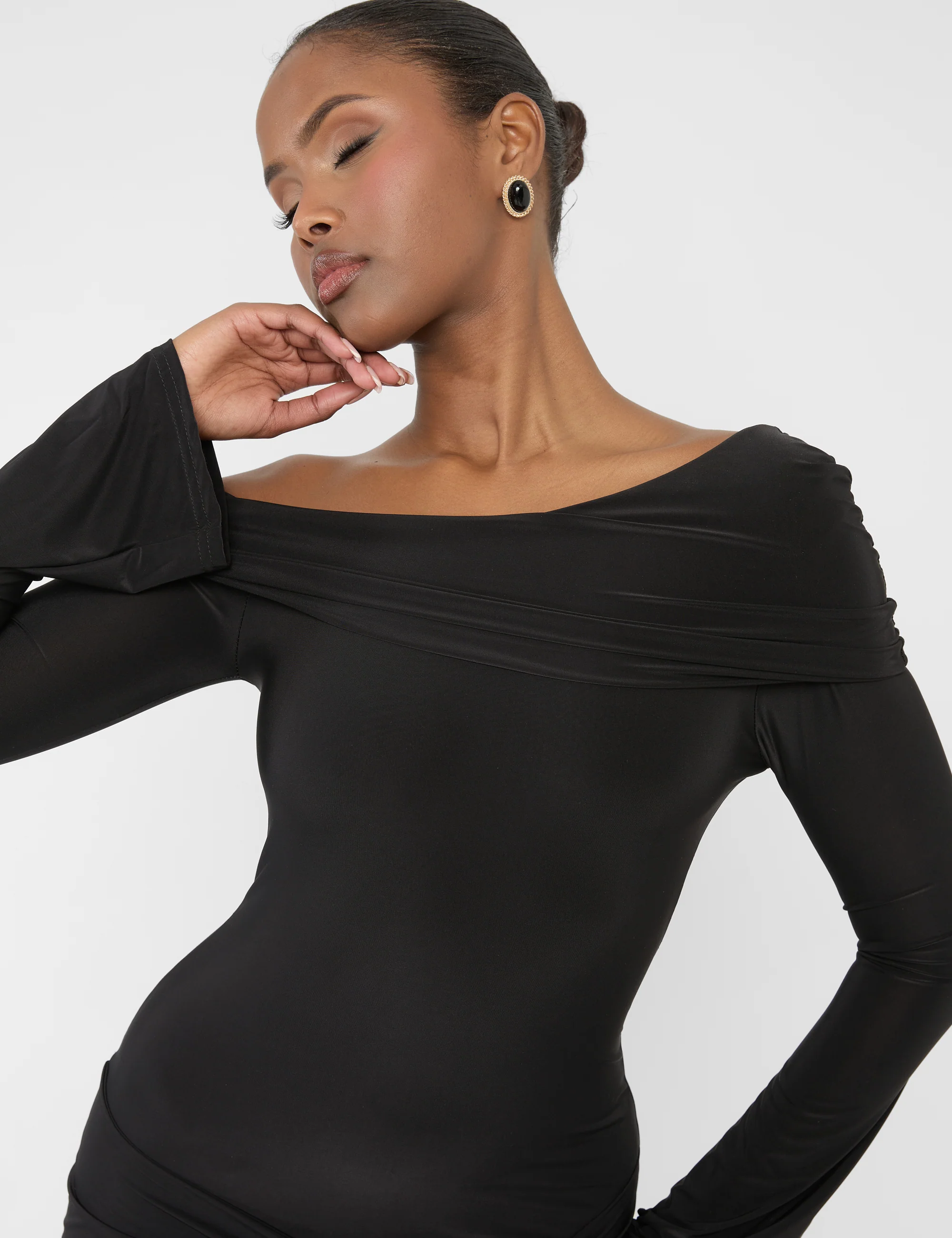 Knot Drape Detail Slinky Long Sleeve Mini Dress Black - Image 5