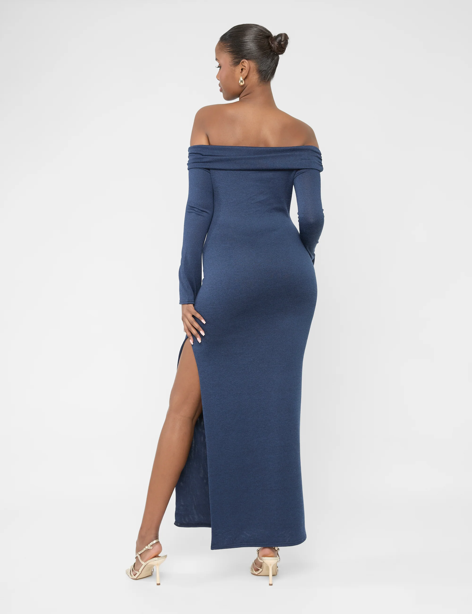 Long Sleeve Off The Shoulder Bardot Maxi Dress Navy - Image 2