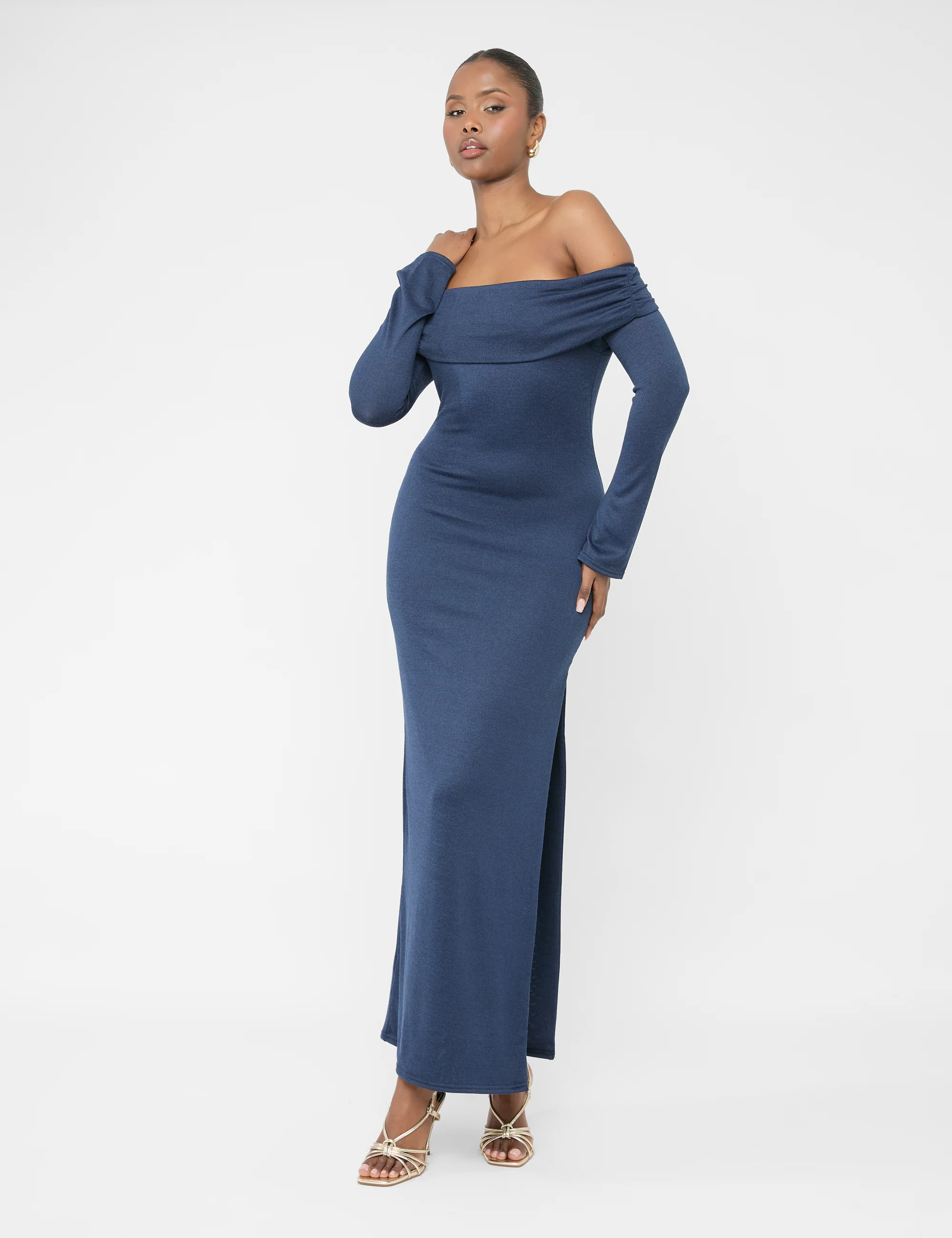 Long Sleeve Off The Shoulder Bardot Maxi Dress Navy - Image 4