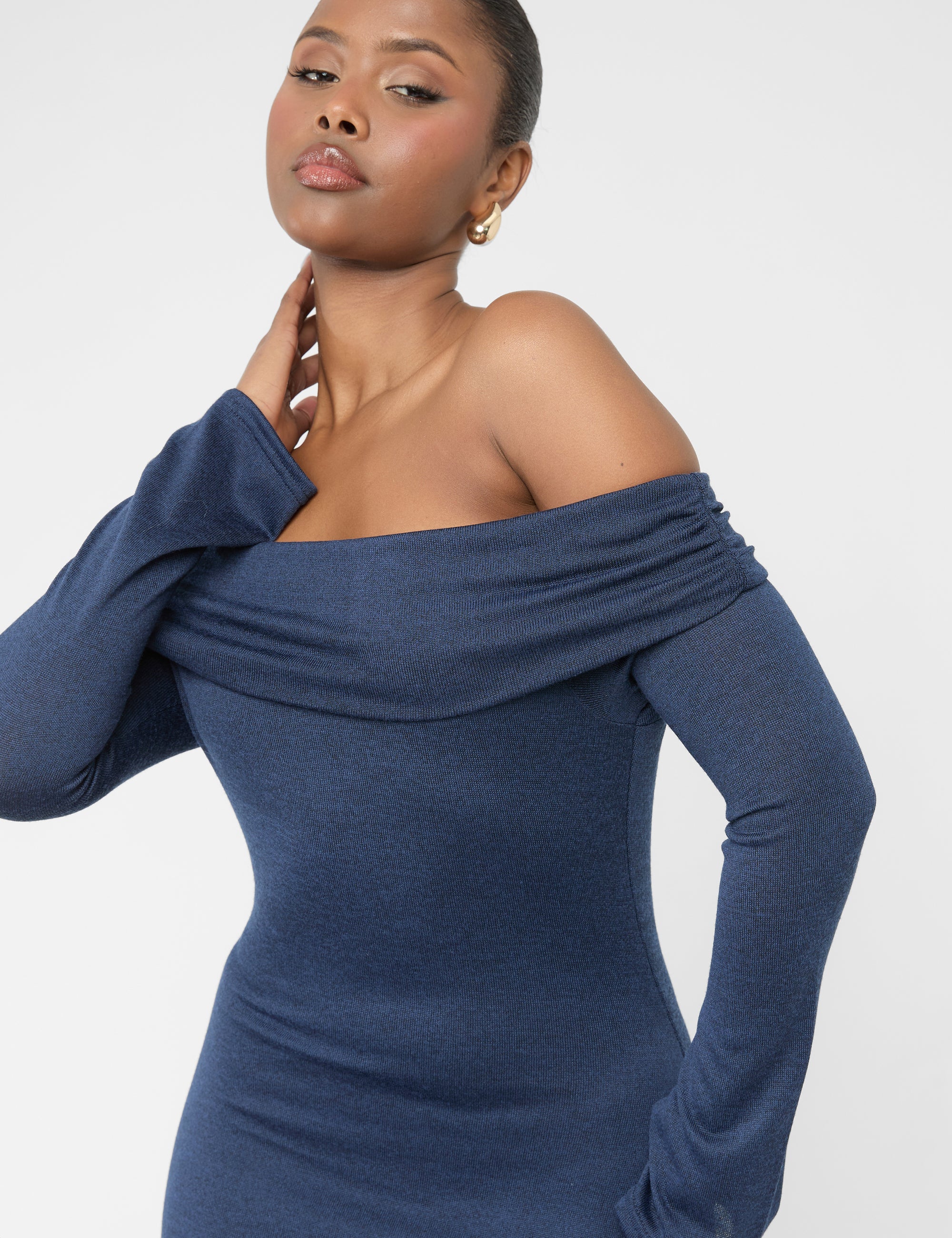 Long Sleeve Off The Shoulder Bardot Maxi Dress Navy - Image 5
