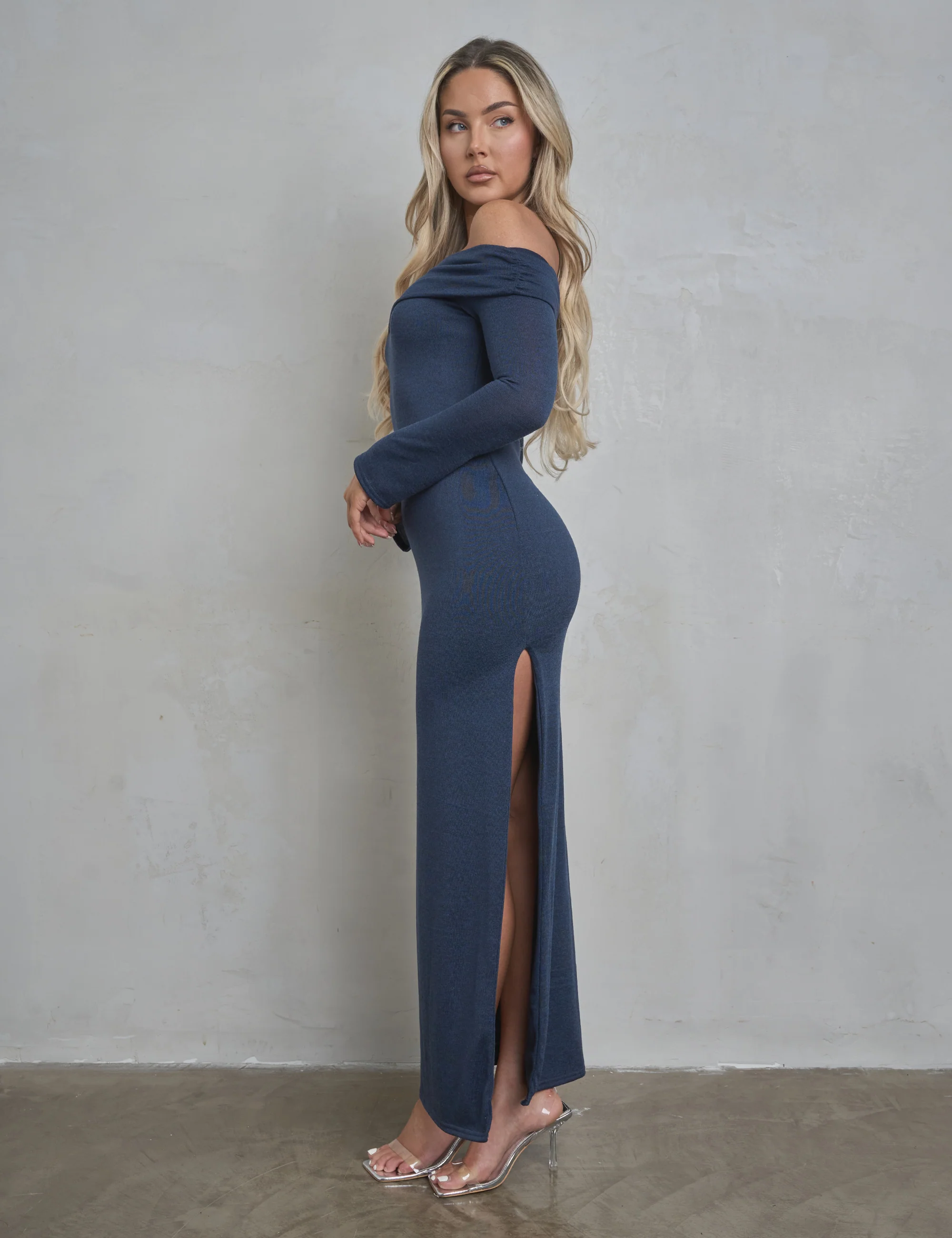 Long Sleeve Off The Shoulder Bardot Maxi Dress Navy - Image 7