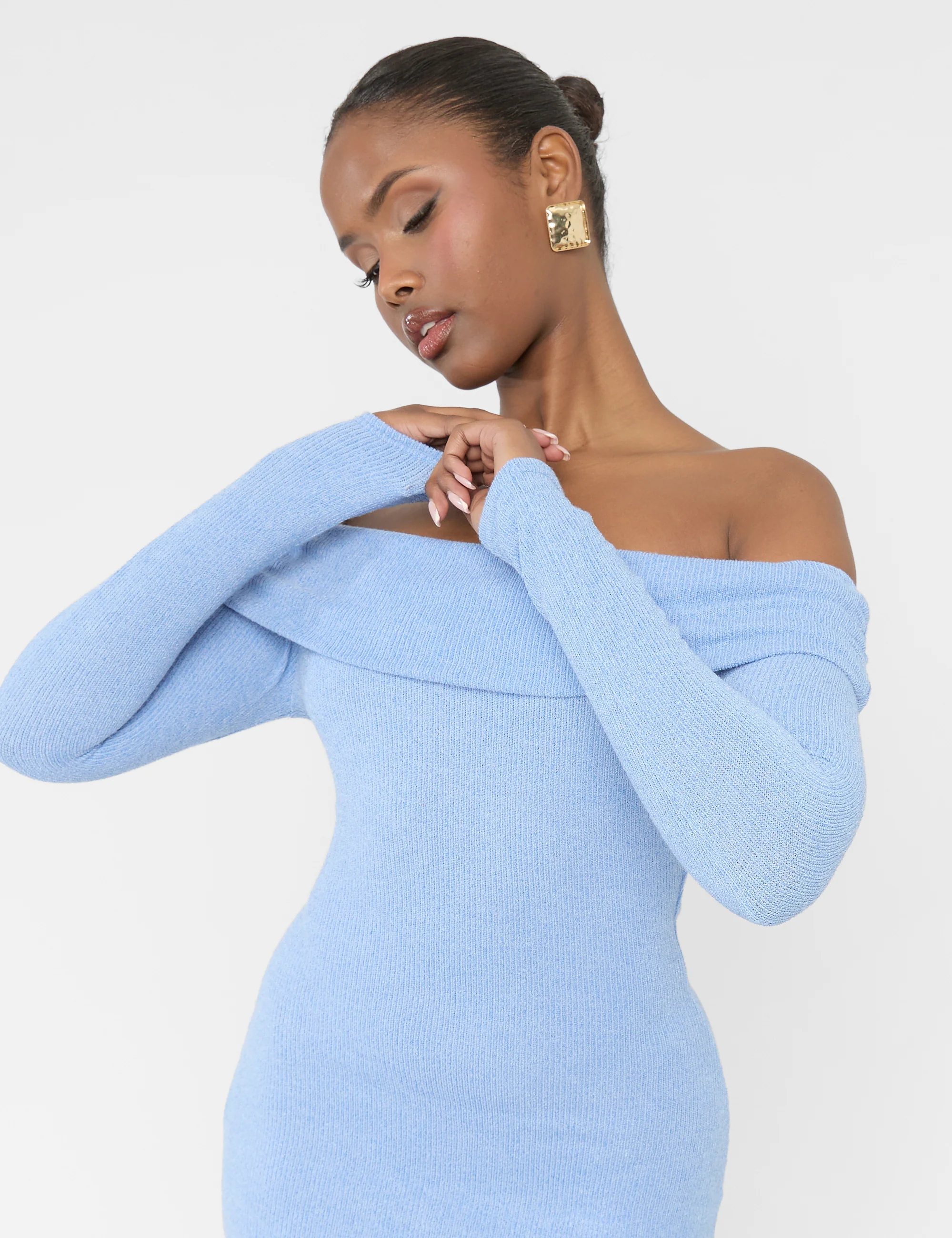 Long Sleeve Off The Shoulder Bardot Mini Dress Blue - Image 5