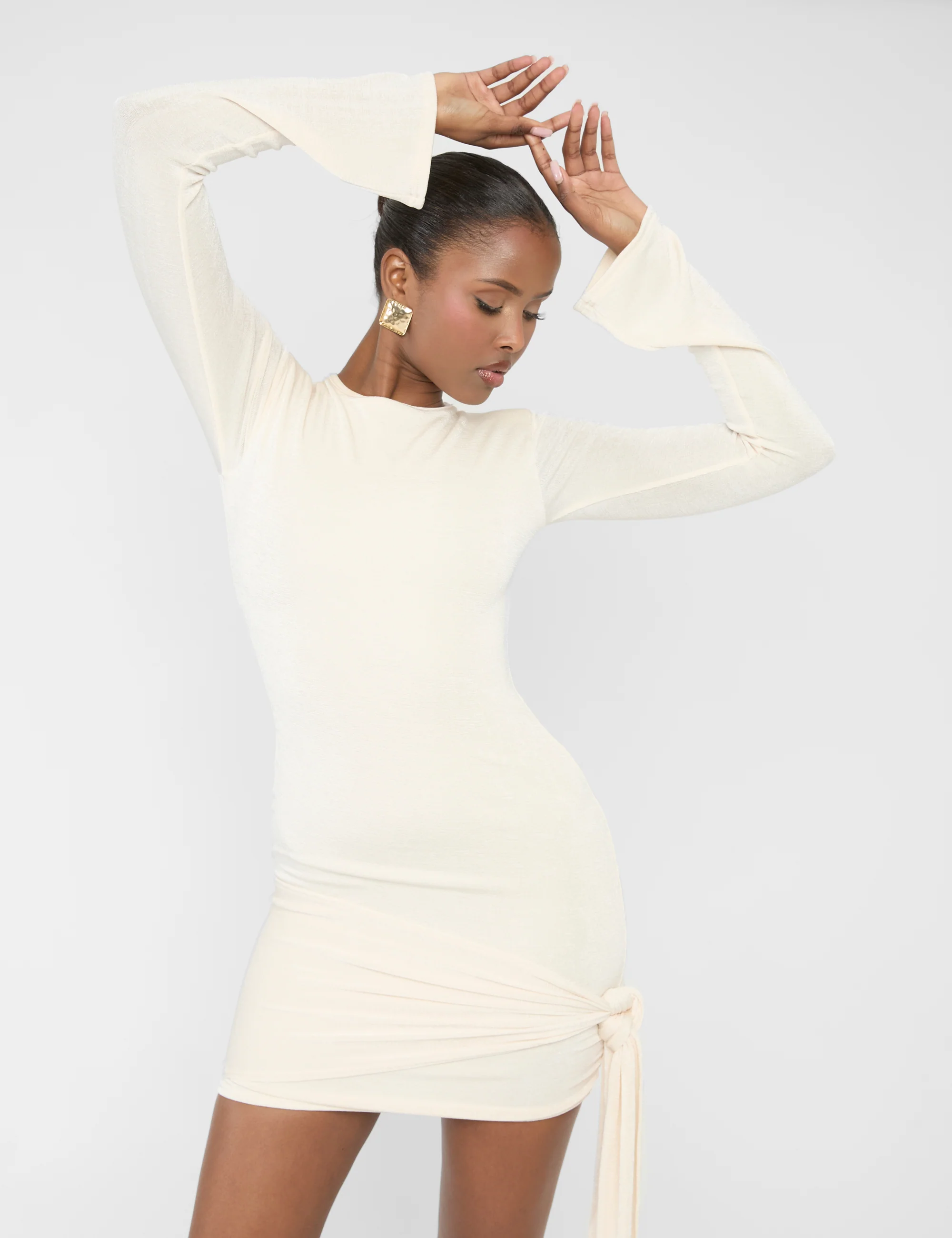 Knot Drape Padded Shoulder Long Sleeve Mini Dress Cream - Image 2
