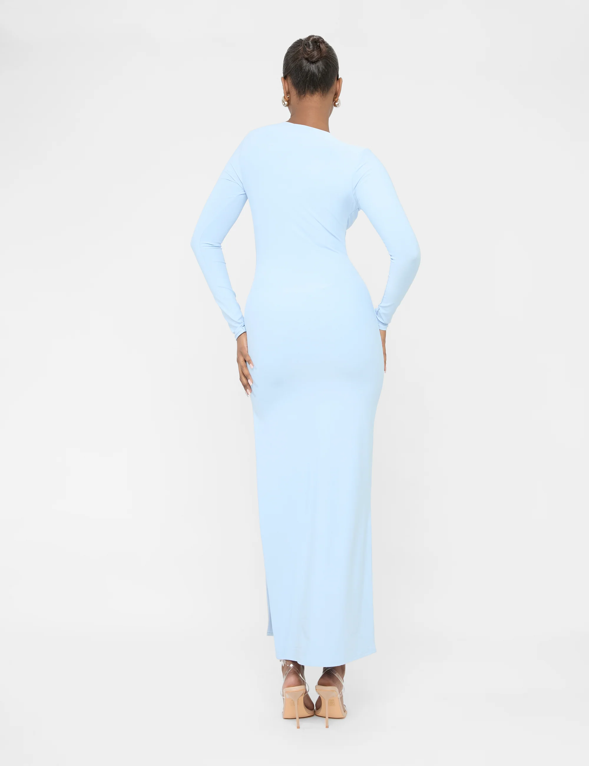 Long Sleeve Side Leg Split Luxe Slinky Maxi Dress Blue - Image 2